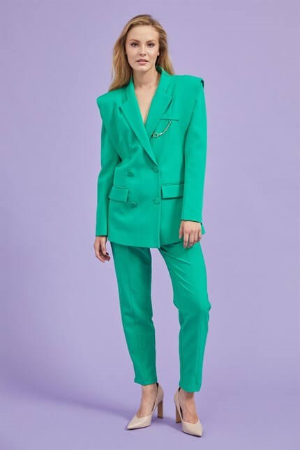 Yeşil Sivri Omuzlu Ceket Pantolon Takım