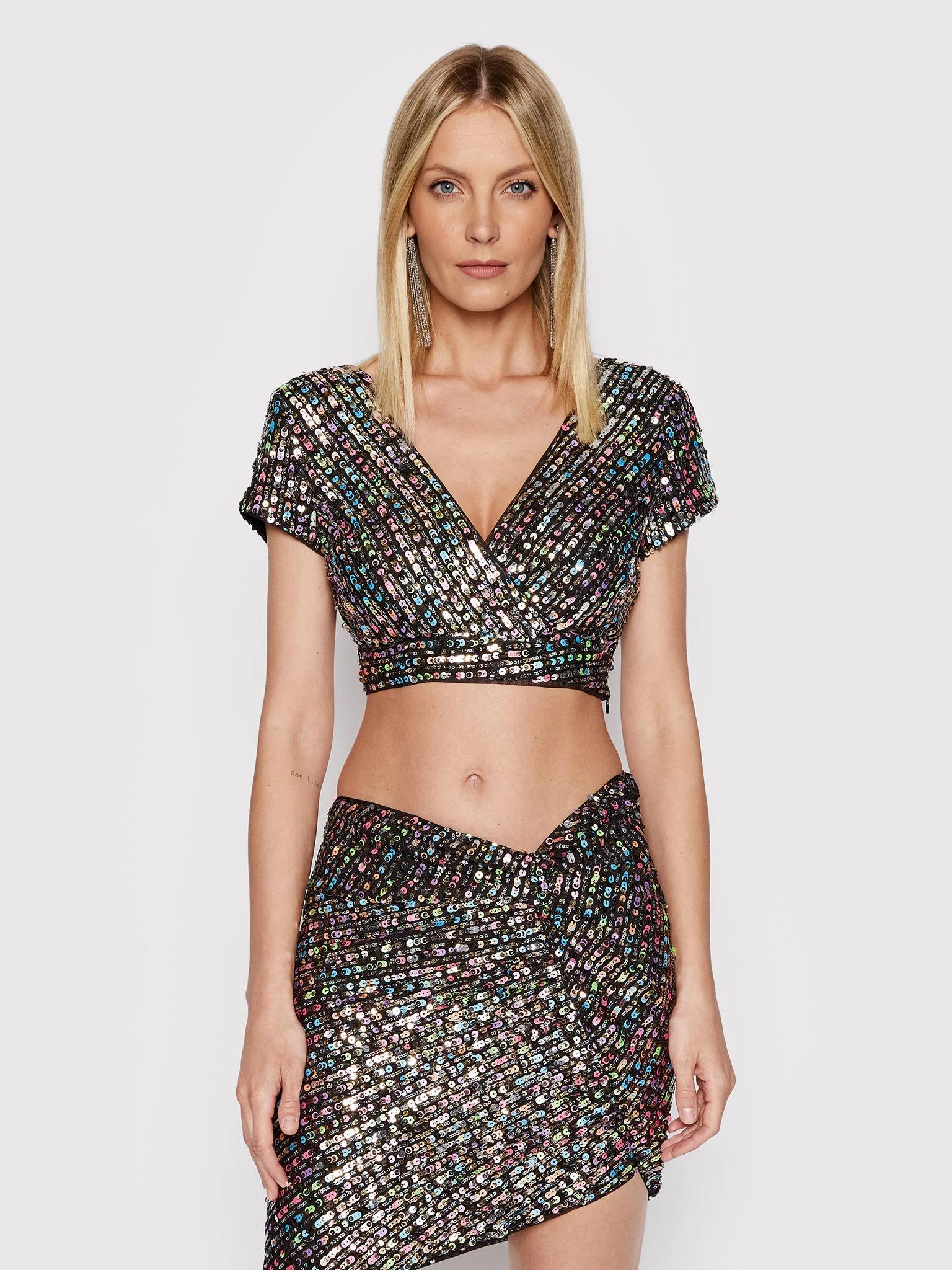 V-YAKA PAYETLİ CROP BLUZ