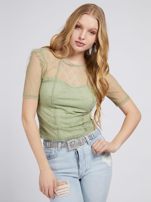 BİSİKLET YAKA DANTEL DETAYLI CROP BLUZ