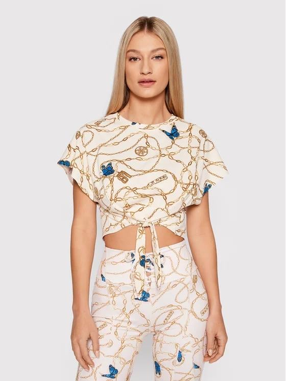 BİSİKLET YAKA DESENLİ CROP T-SHIRT
