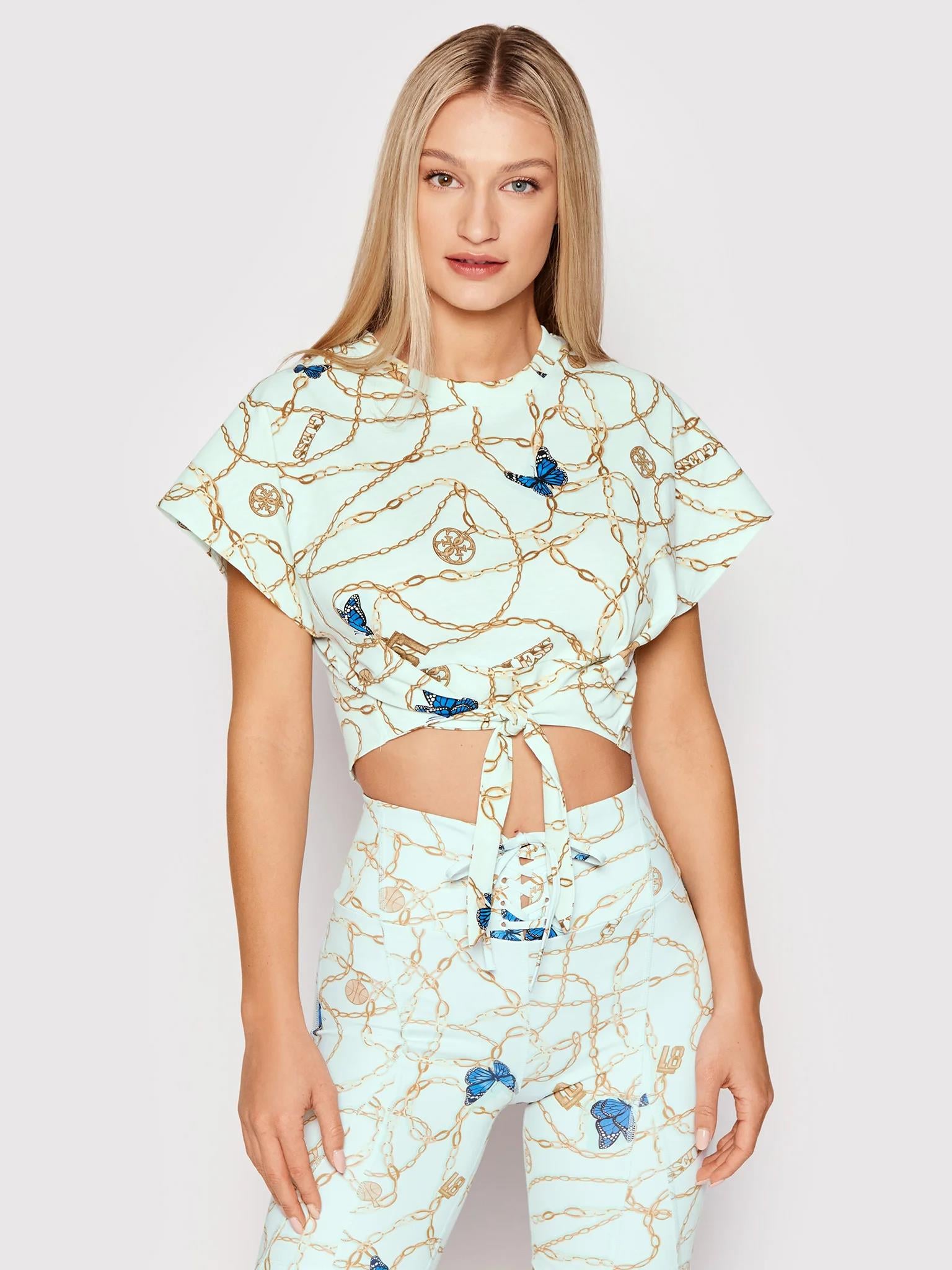 BİSİKLET YAKA DESENLİ CROP T-SHIRT