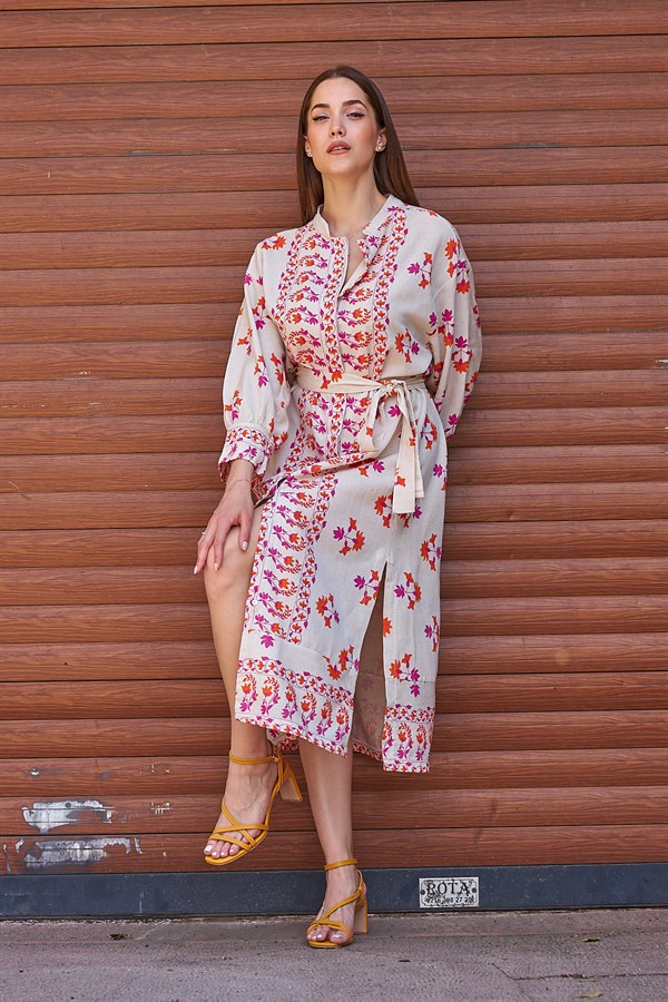 Etnik Kuşaklı  Keten Kimono Elbise