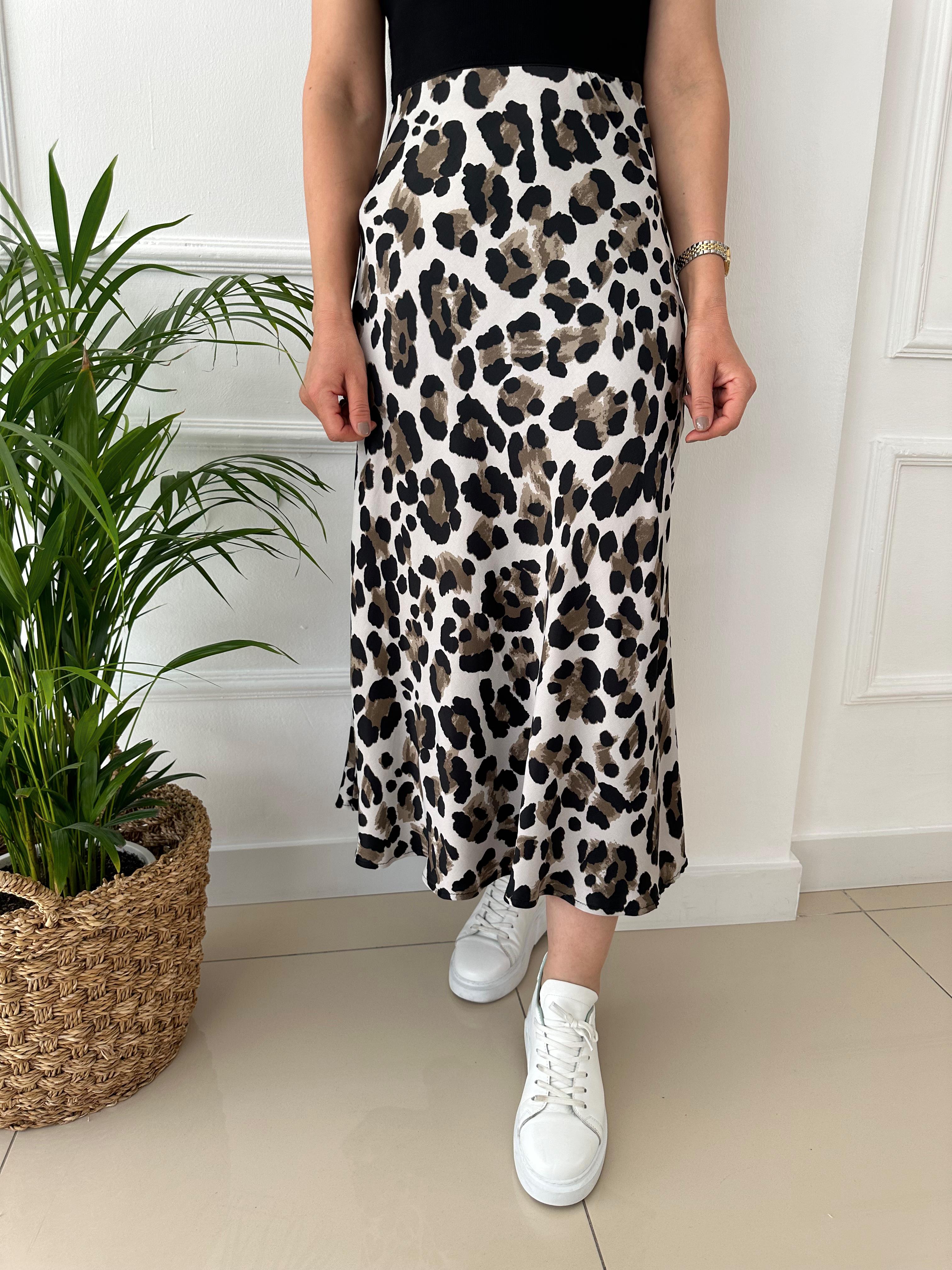 Midi Leopar Desen Saten Etek