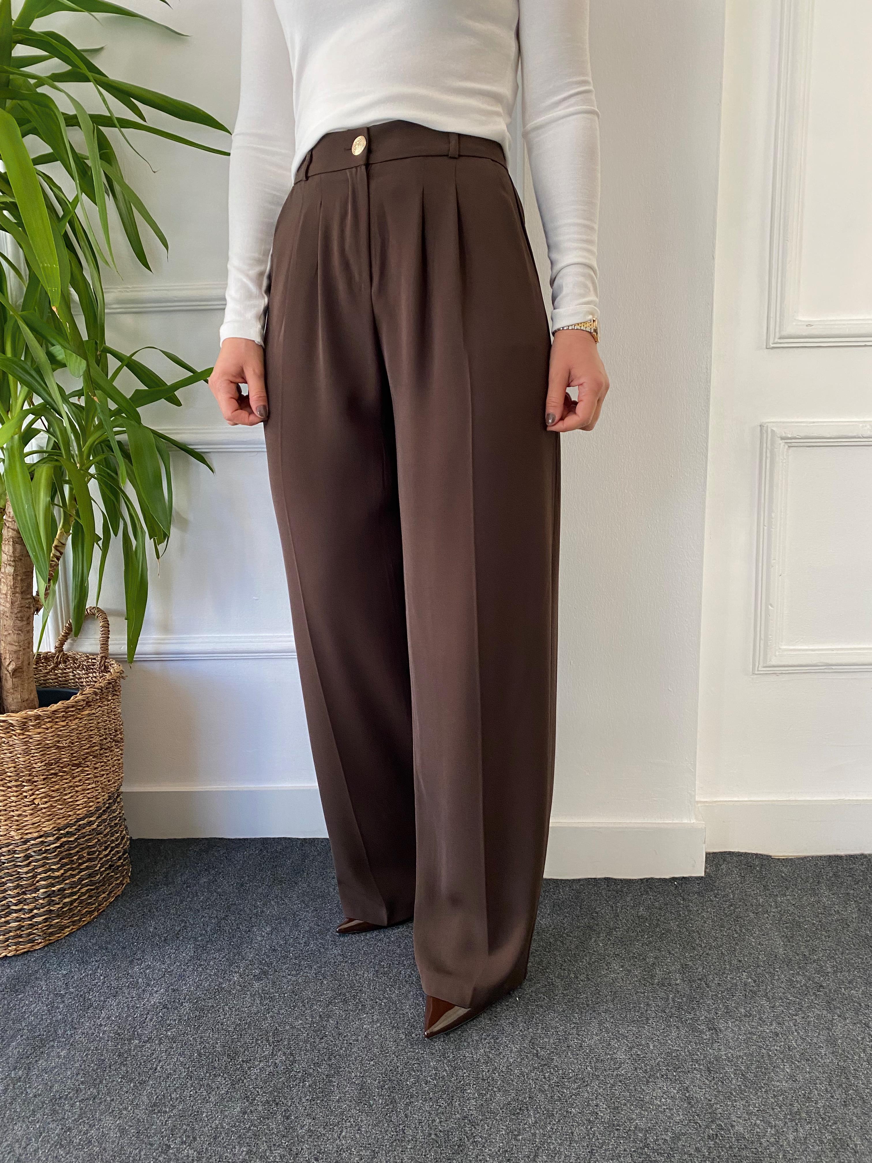 Yüksek Bel Beli Lastikli Bol Paça Pantolon Kahve