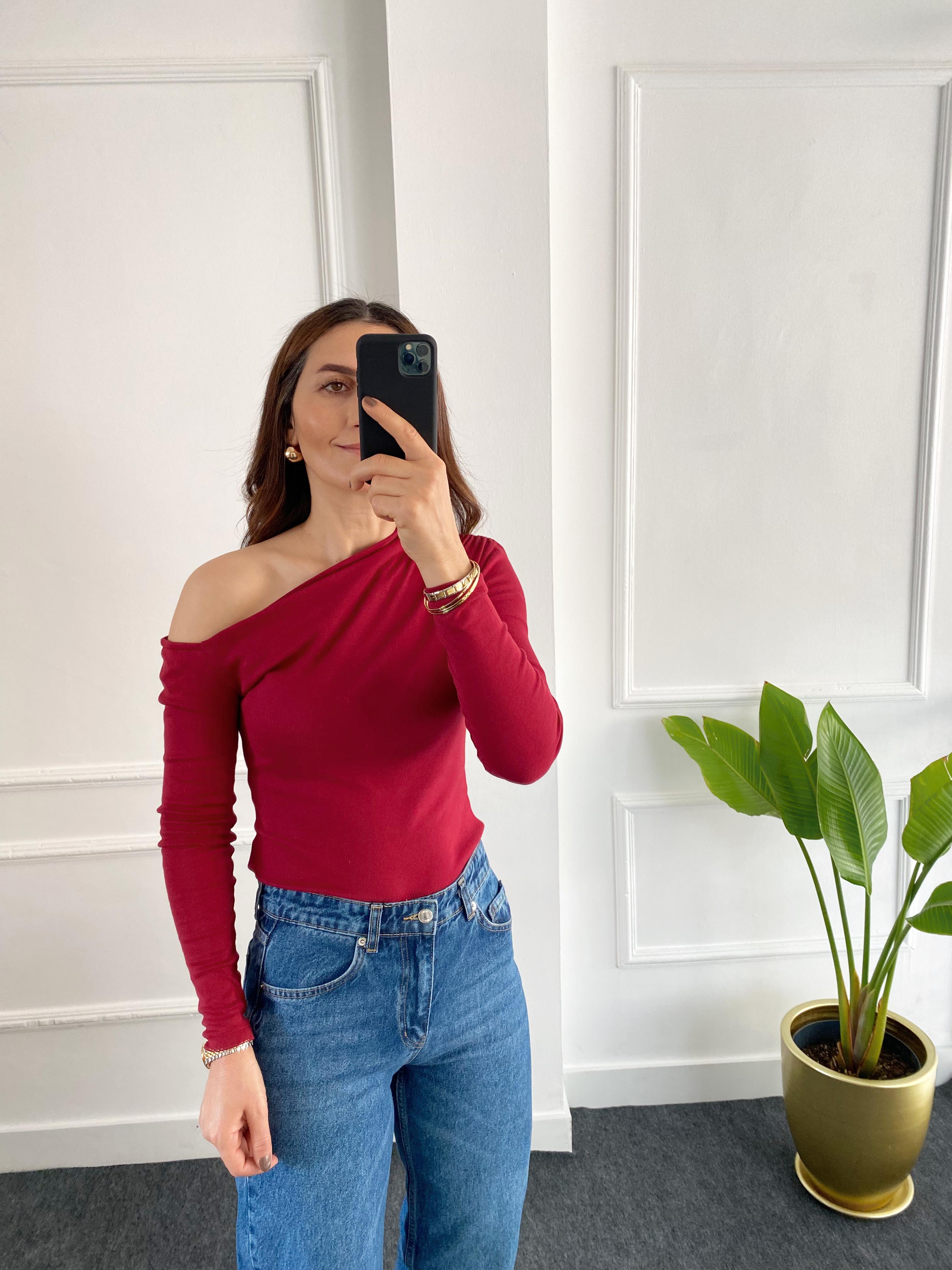Çapraz Yakalı Uzun Kol Body Bordo