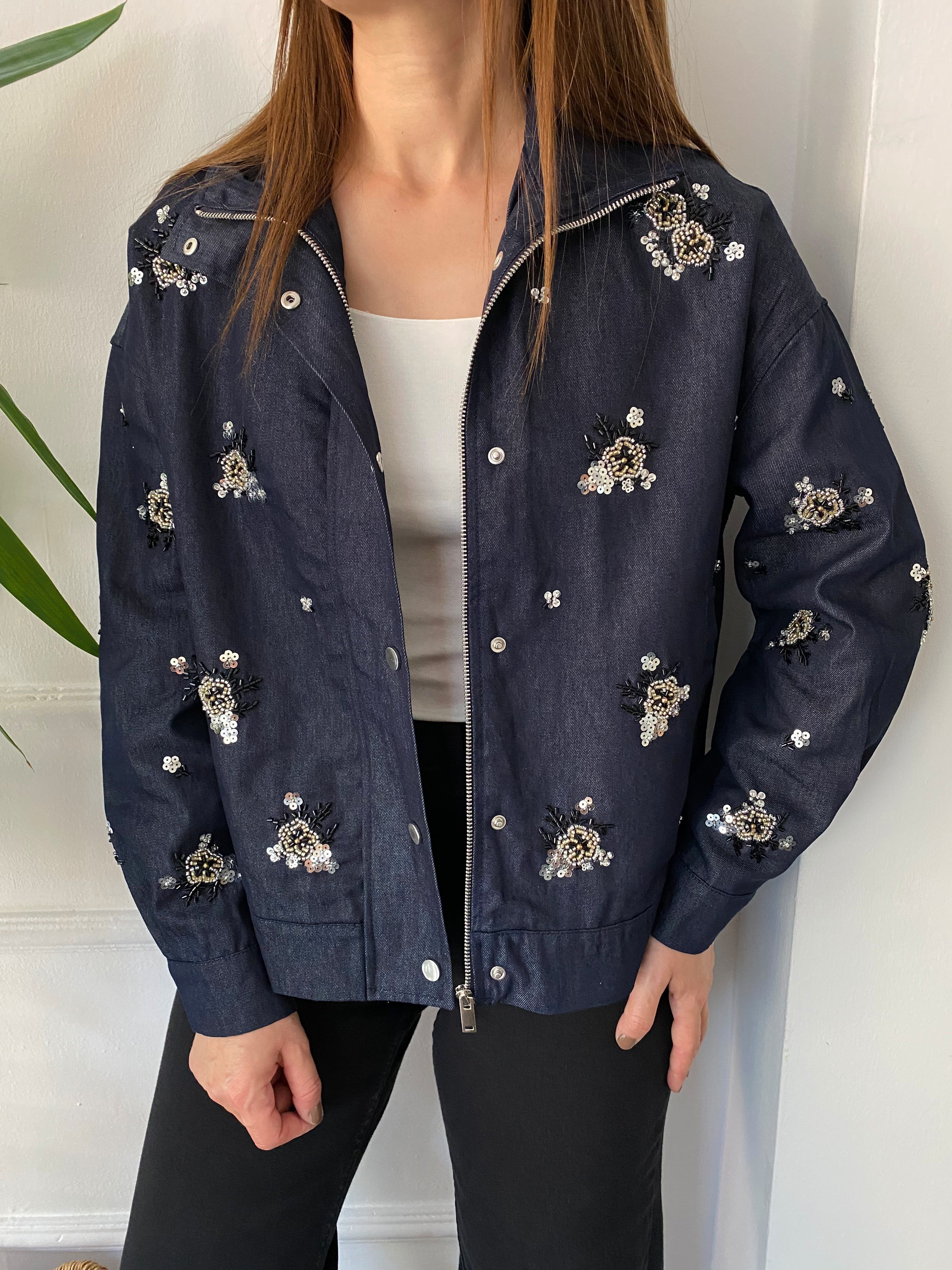 Çiçek Boncuk İşlemeli Denim Ceket Lacivert