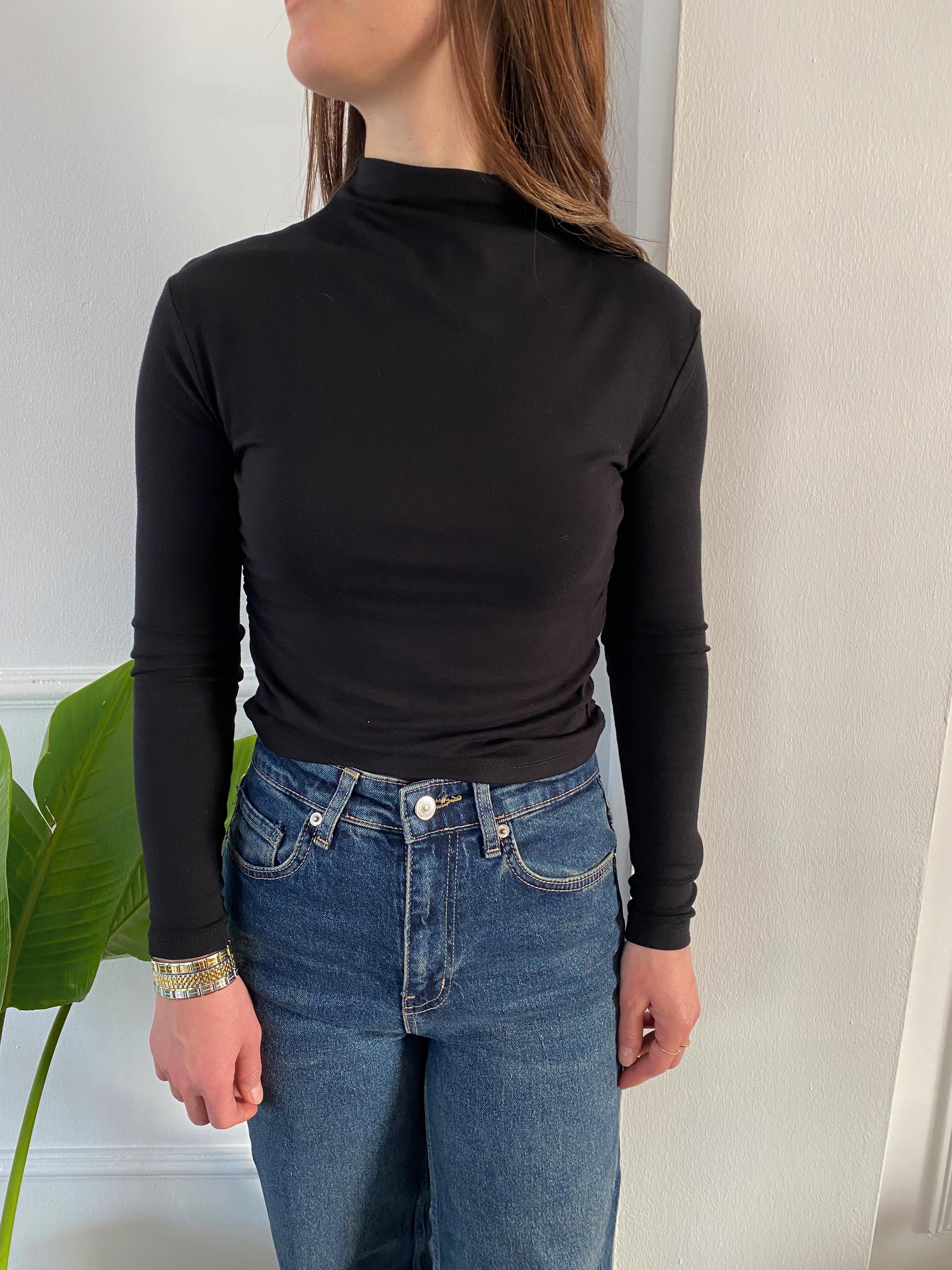 Dik Yaka Bambu Yandan Büzgülü Body Siyah