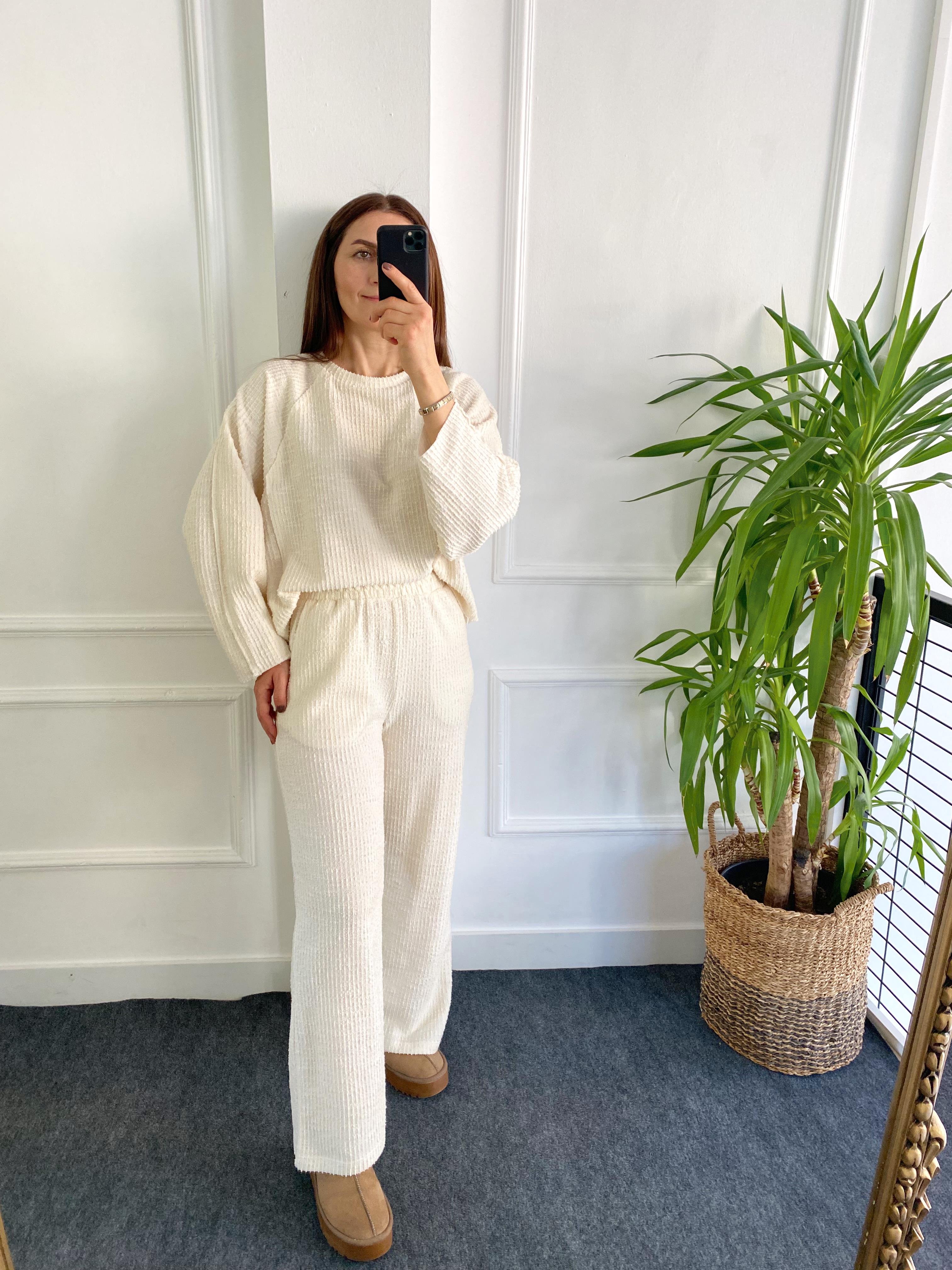 Dokulu Sweat Pantolon Takım Krem