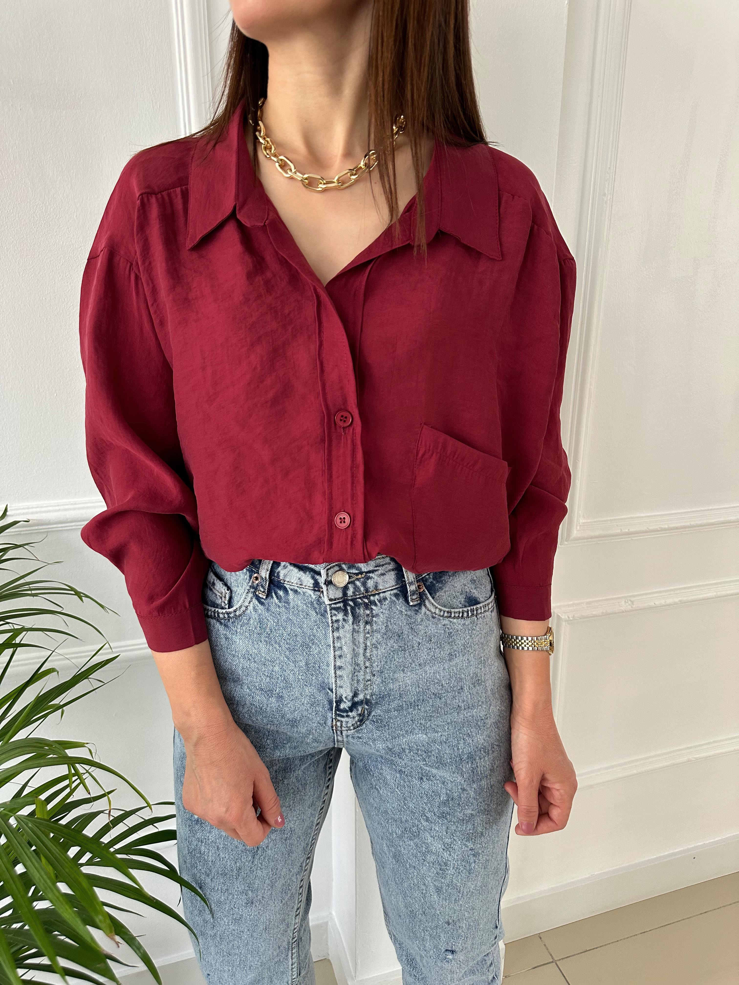 Düşük Omuzlu Oversize Gömlek Bordo