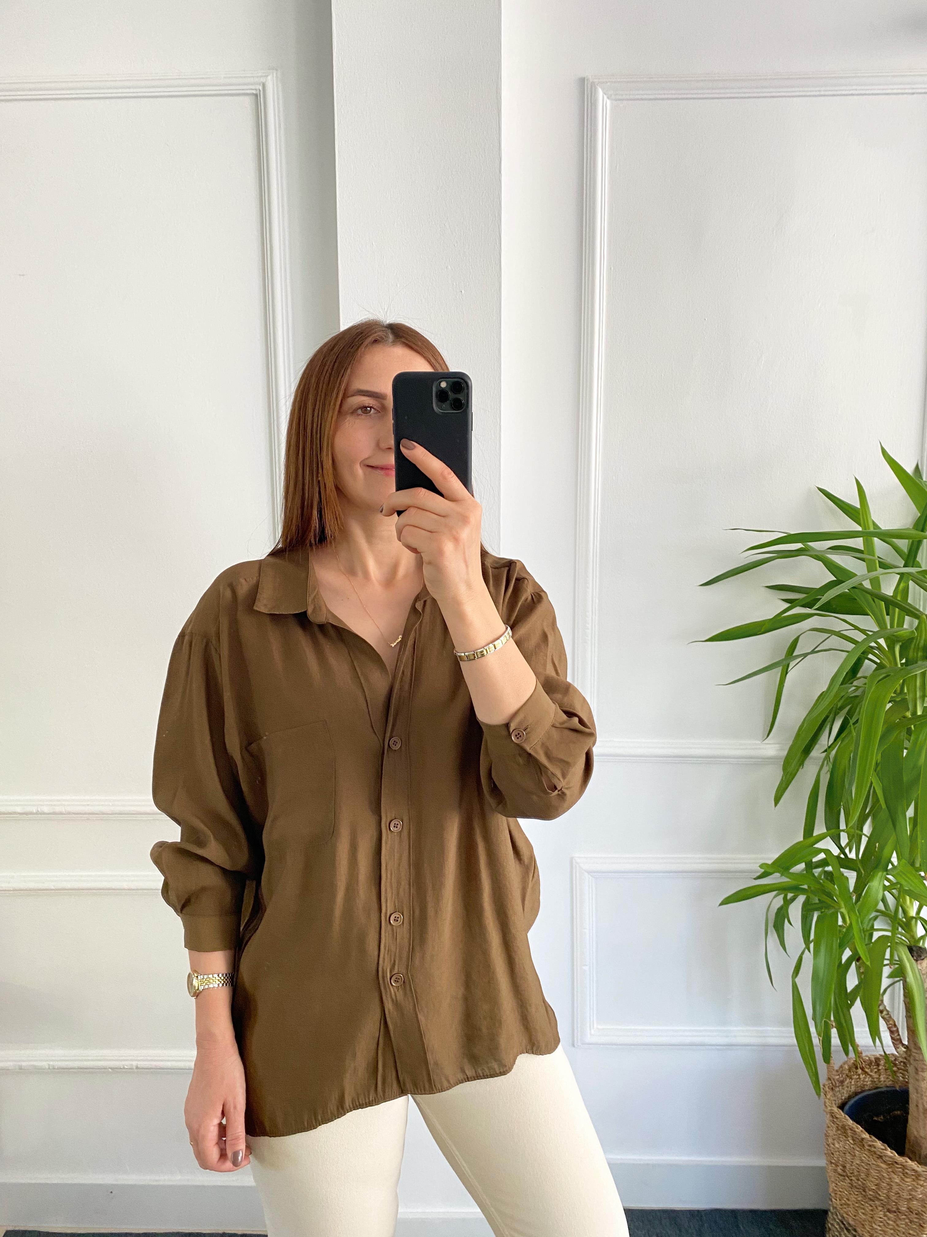 Düşük Omuzlu Oversize Gömlek Kahve