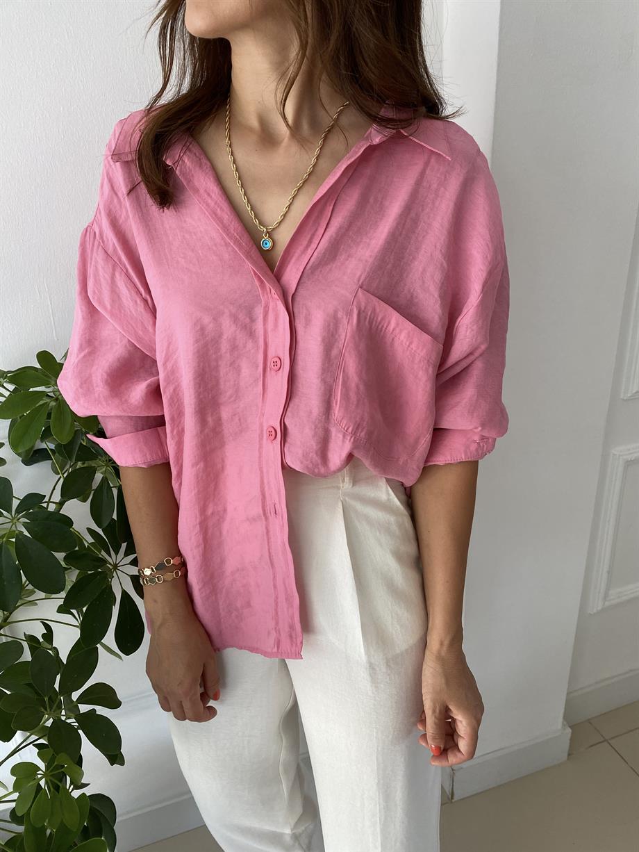 Düşük Omuzlu Oversize Gömlek Pembe