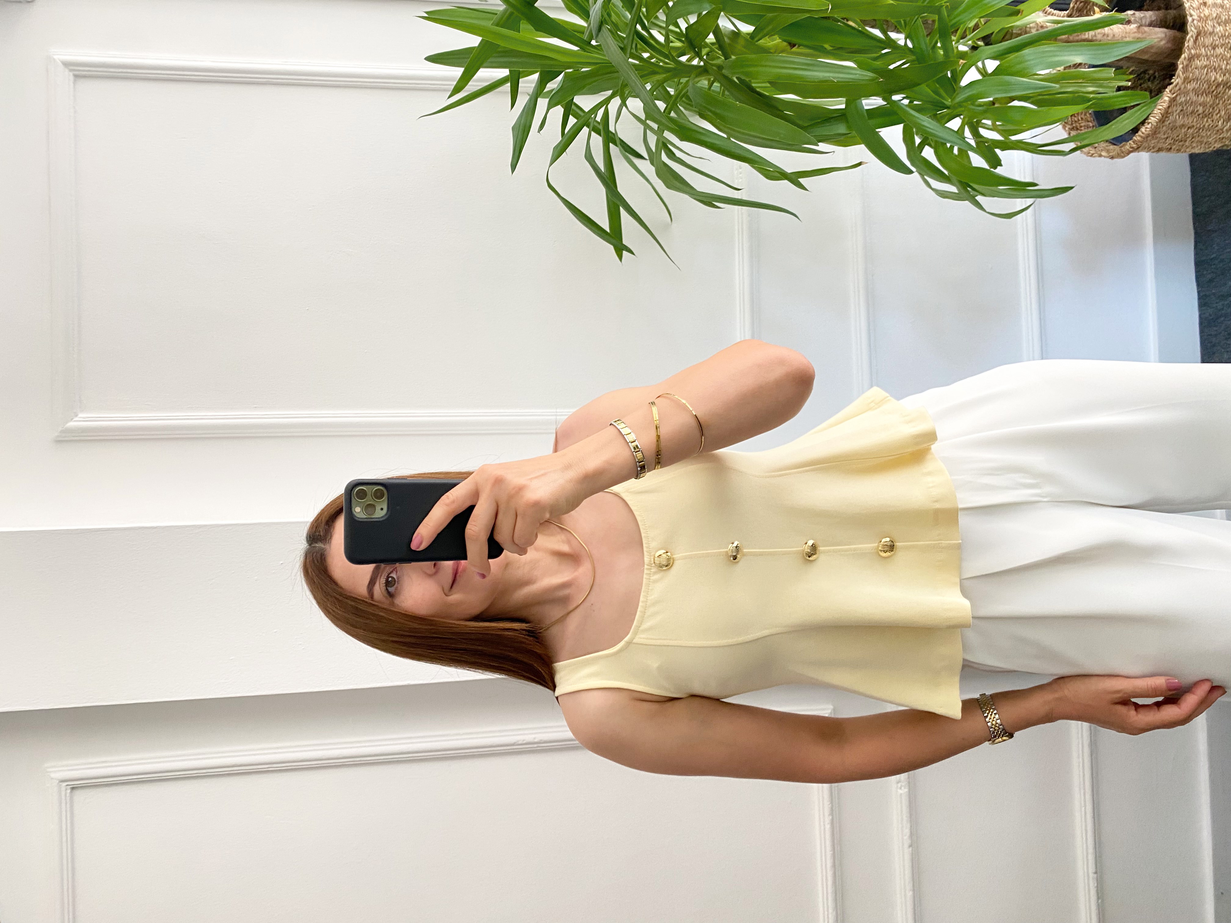 Gold Düğmeli Peplum Bluz Açık Sarı