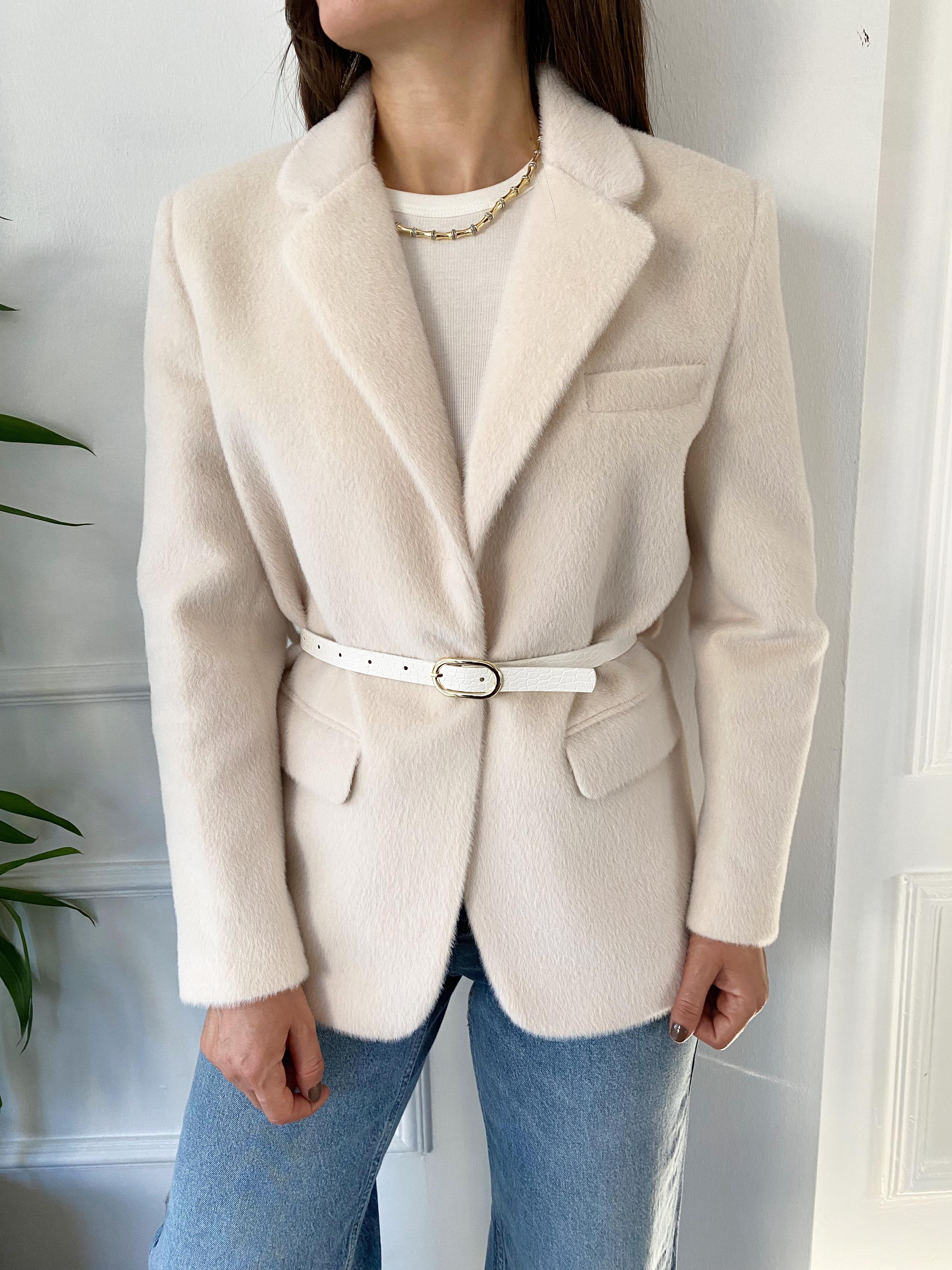 Kemerli Peluş Blazer Ceket Krem