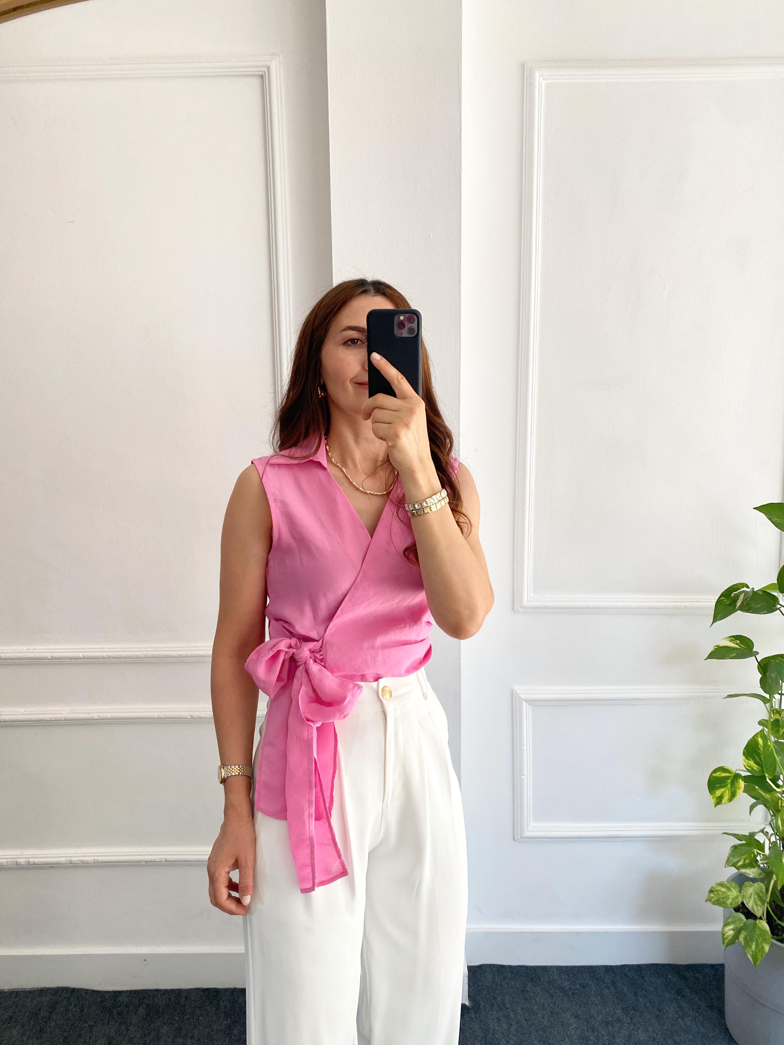 Kruvaze Yakalı Bluz Pembe