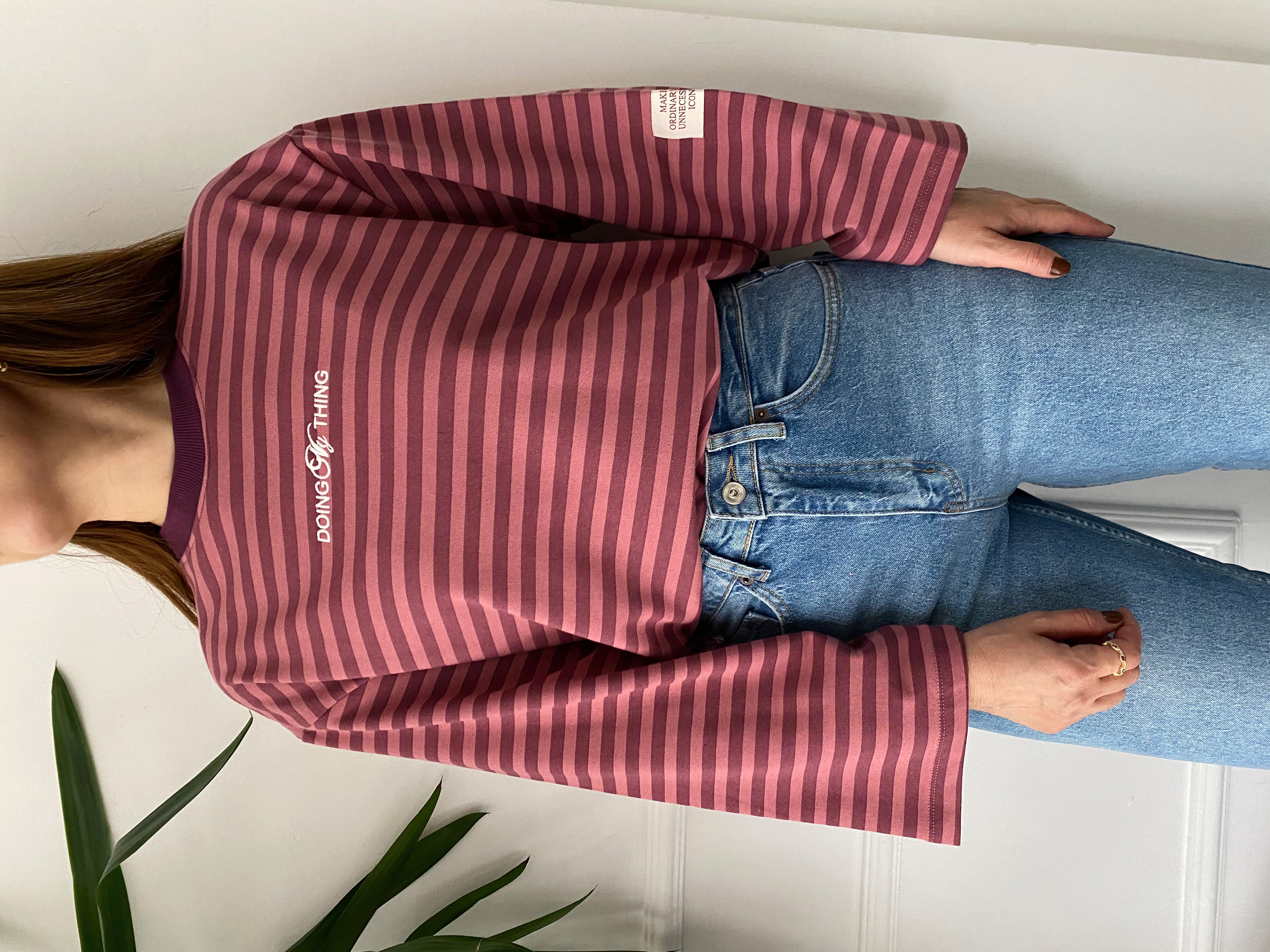 Nakışlı Çizgili Sweat Pembe Mürdüm