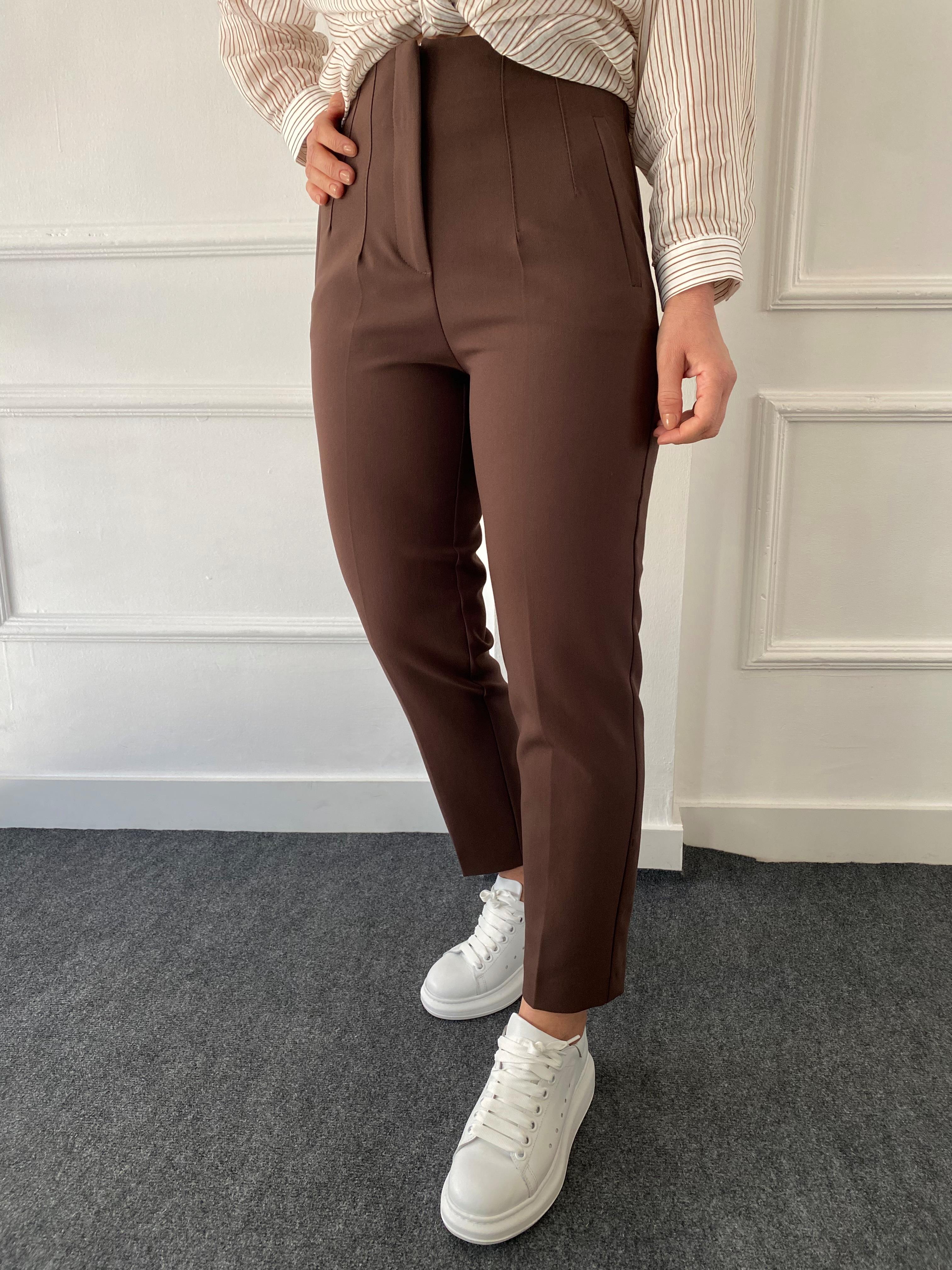 Önü Flotalı Pantolon Acı Kahve