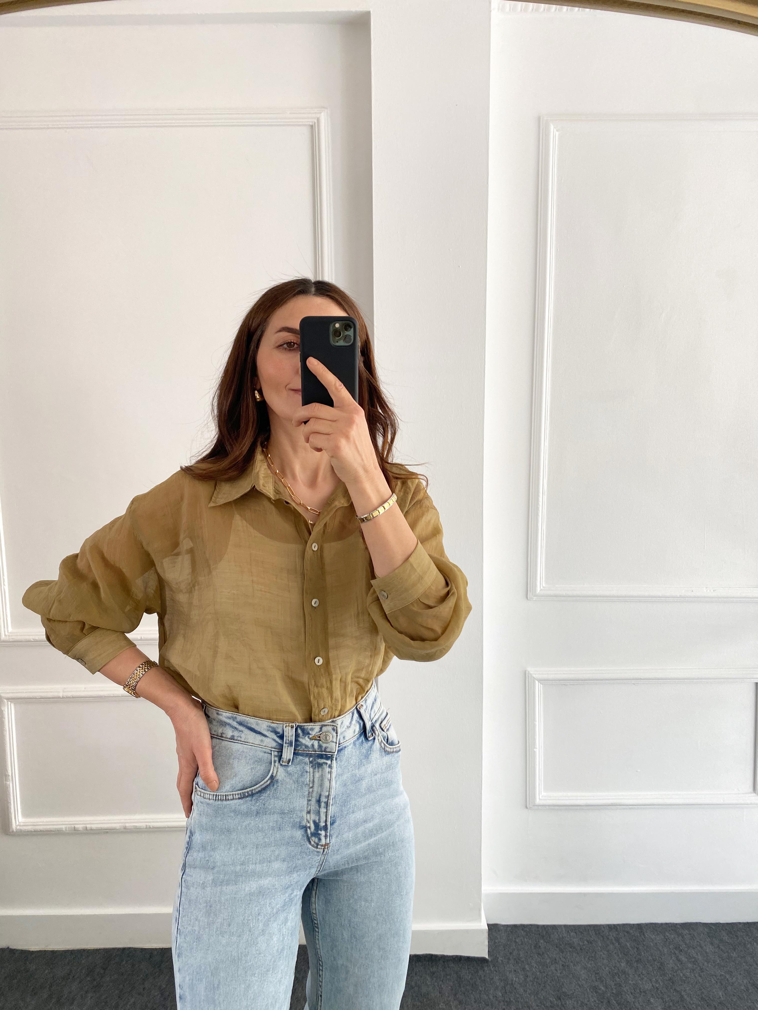 Oversize İpeksi Gömlek Yağ Yeşil
