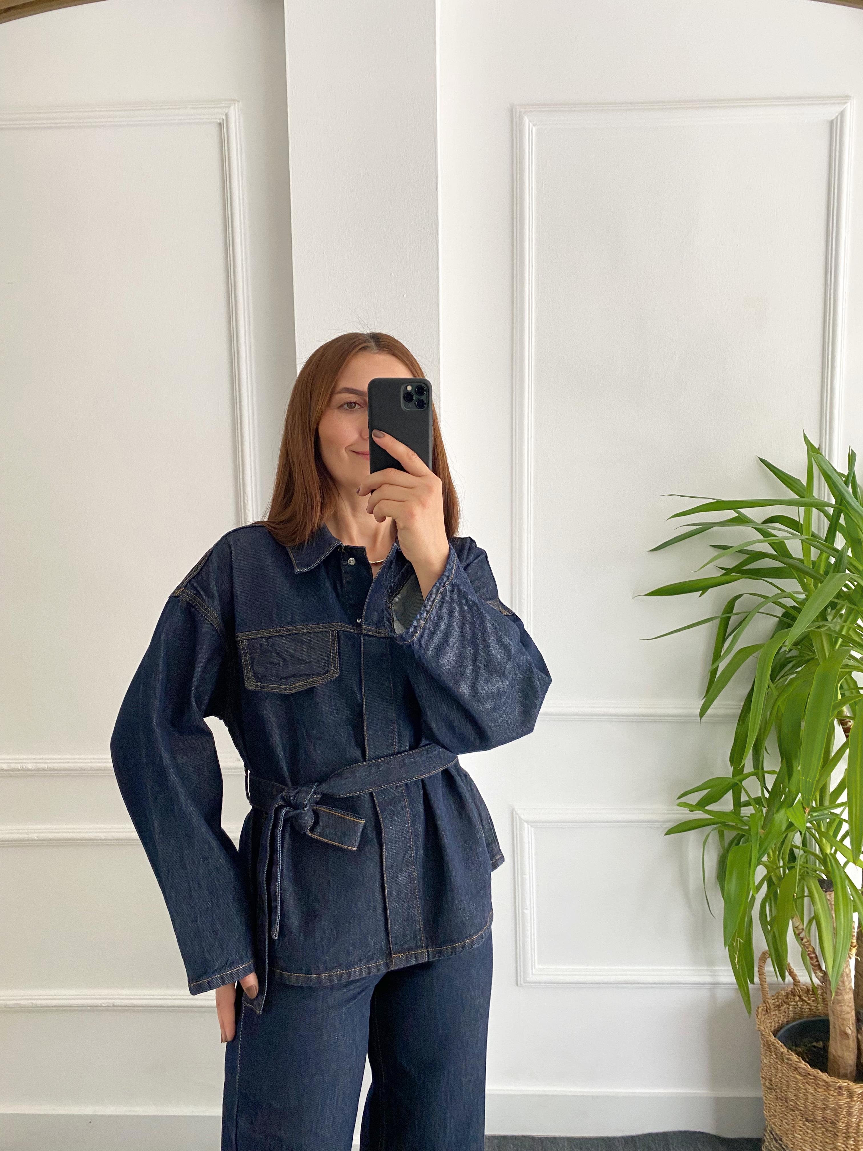 Patlı Yaka Denim Gömlek Ceket Lacivert