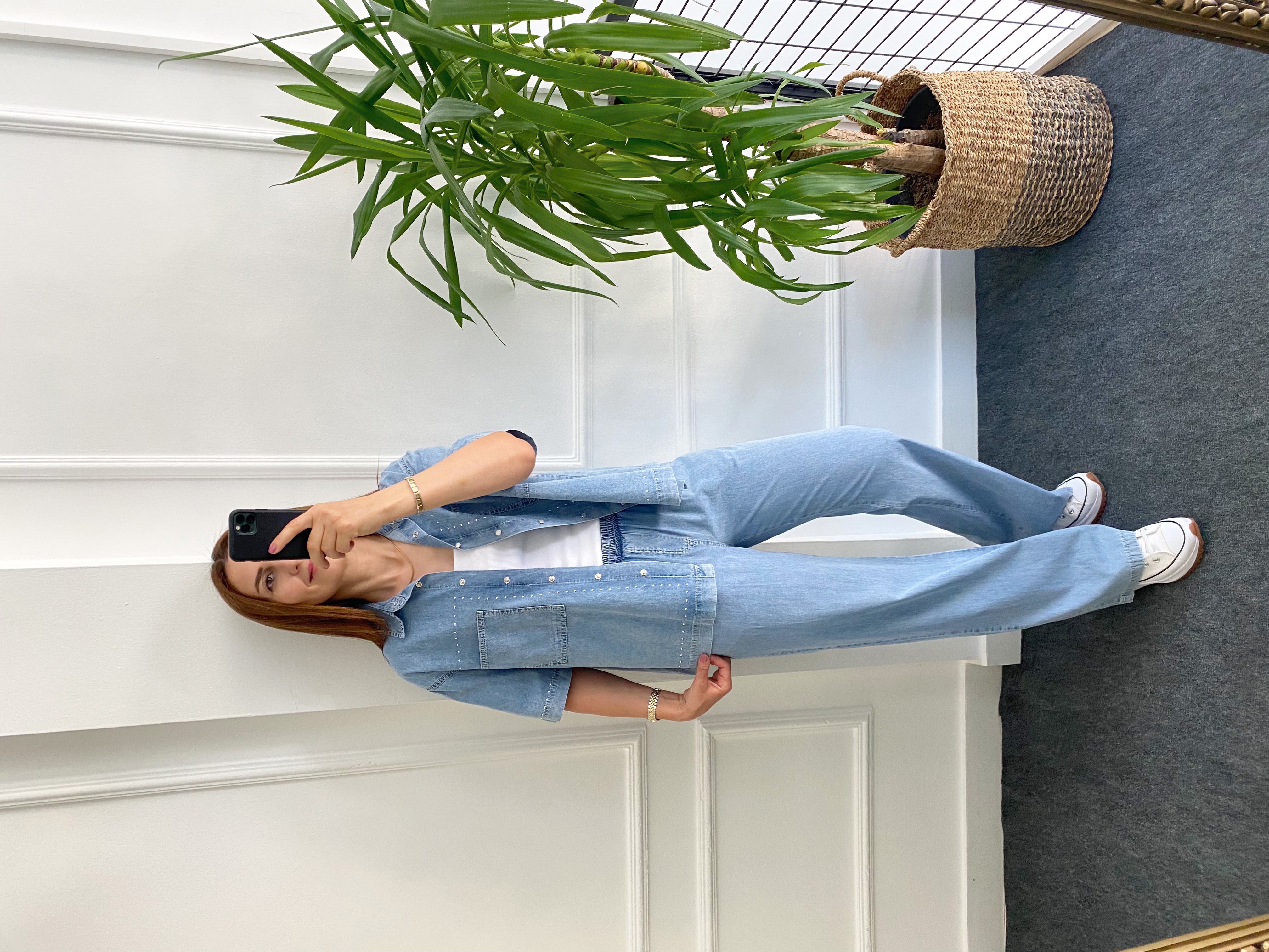 Taş Detaylı Denim Gömlek Takım Buz Mavi
