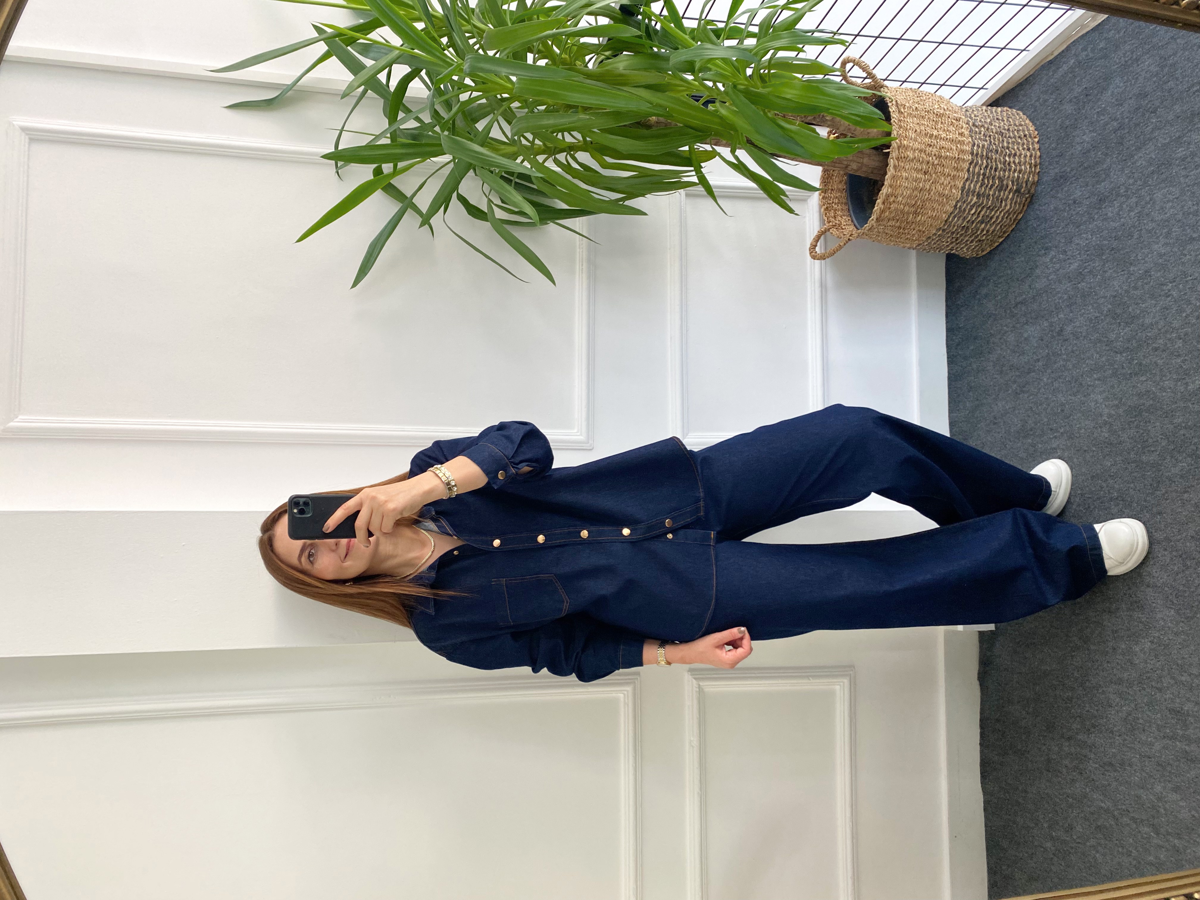 Tensel Gold Düğmeli Denim Takım Lacivert