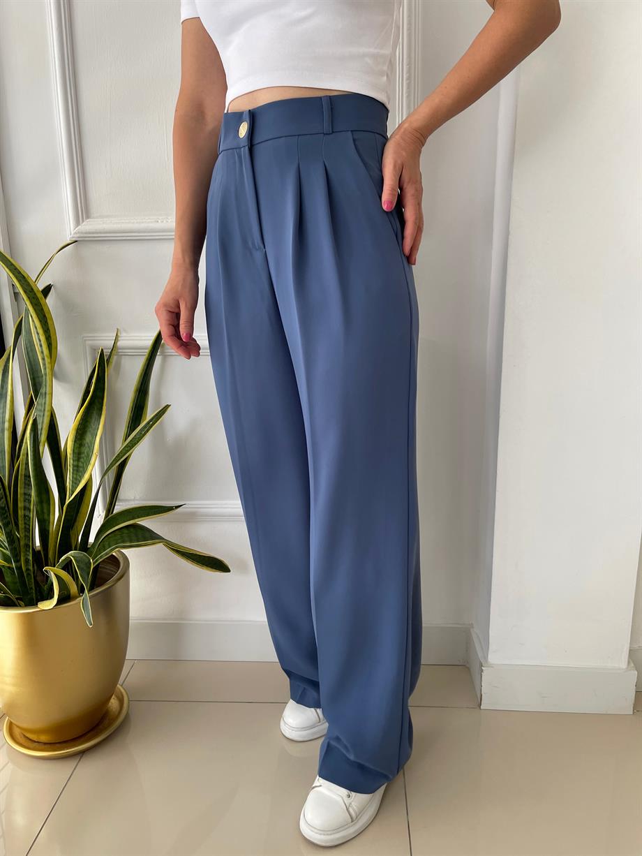 Yüksek Bel Beli Lastikli Bol Paça Pantolon İndigo Mavi