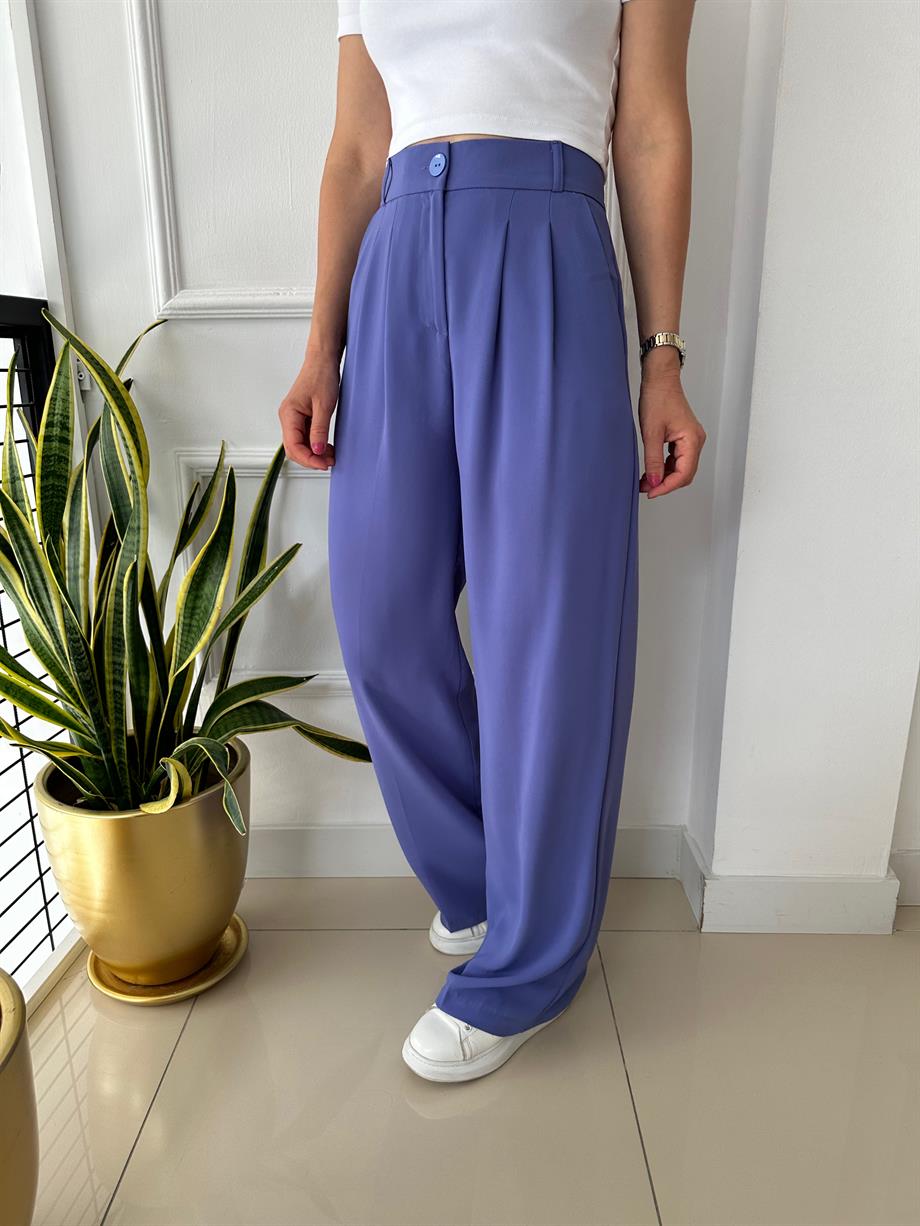 Yüksek Bel Beli Lastikli Bol Paça Pantolon Mor