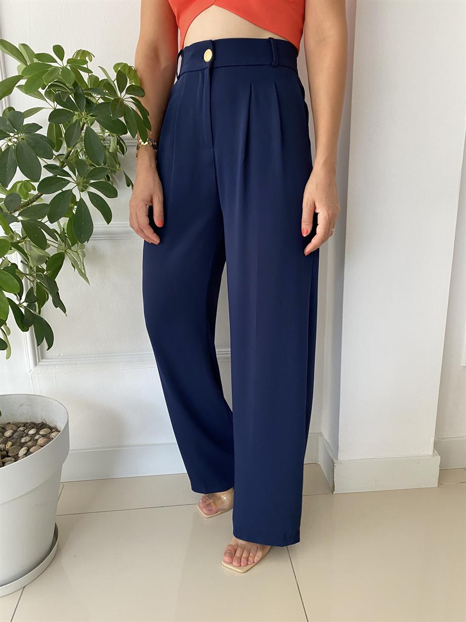 Yüksek Bel Beli Lastikli Bol Paça Pantolon Lacivert