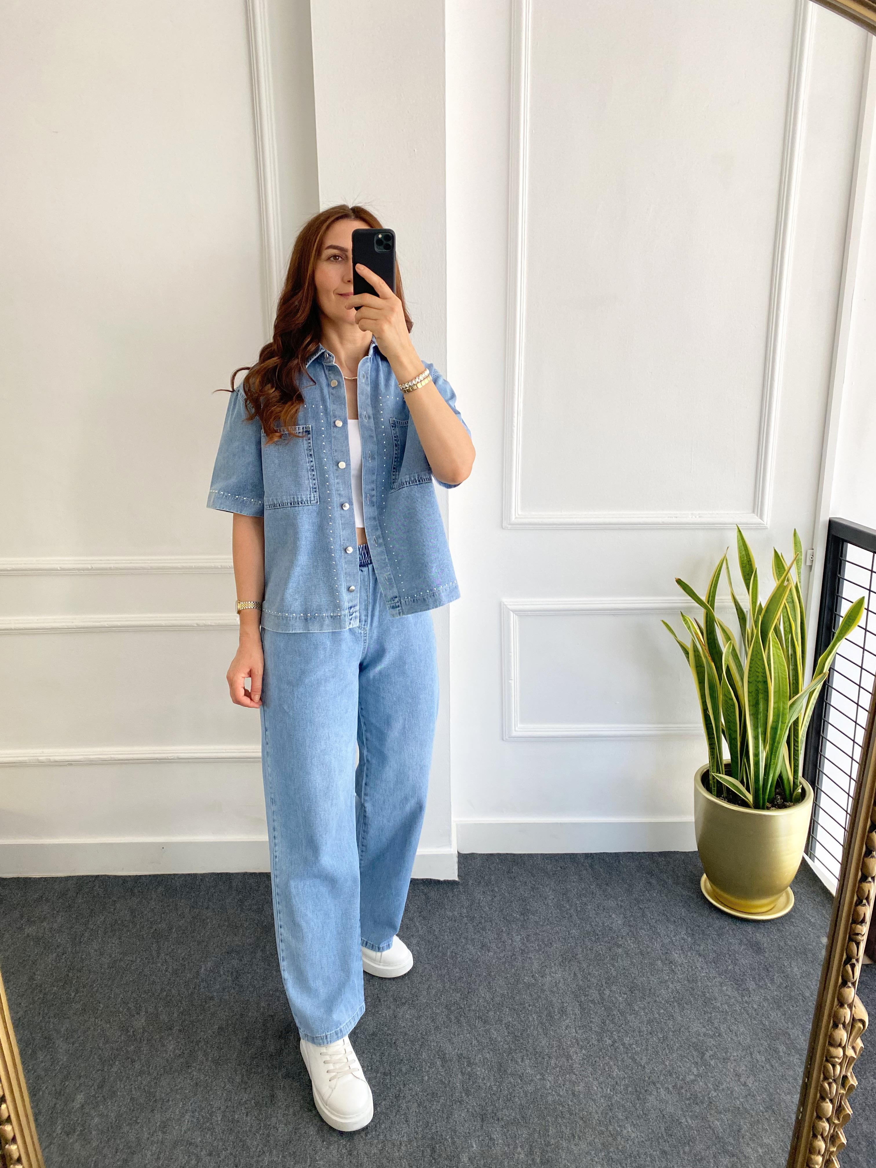 Zımba Detaylı İnce Denim Takım Açık Mavi