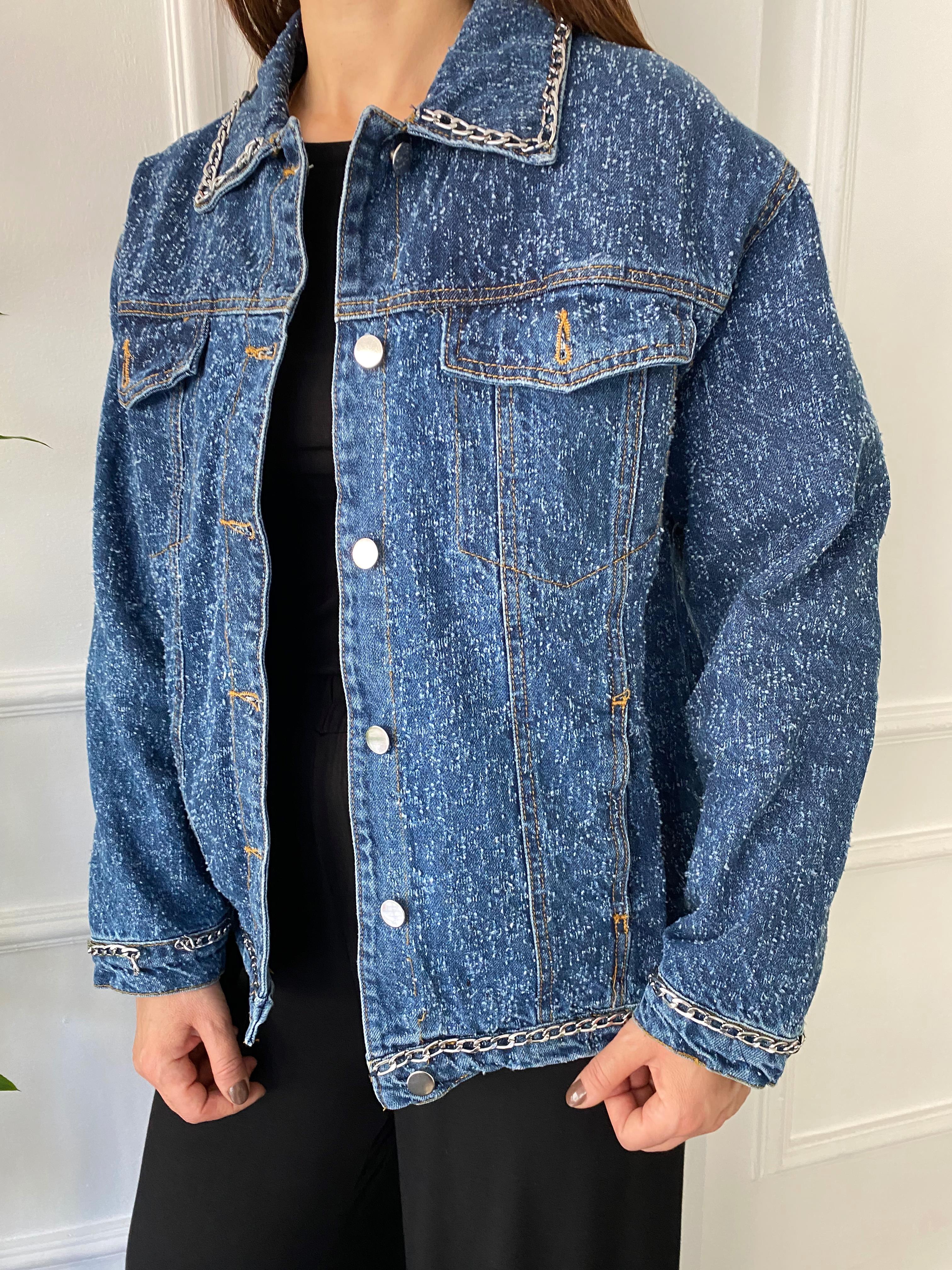 Zincir Detaylı İçi Kapitone  Denim Ceket Mavi · 4