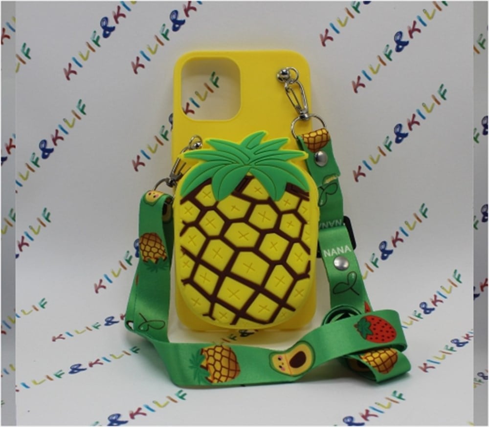 IPhone  12 Pro Max Ananas Desenli Çantalı Silikon Kılıf