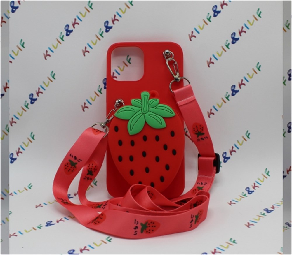 Iphone 12 Pro Max Çilek Desenli Çantalı Silikon  Kılıf 