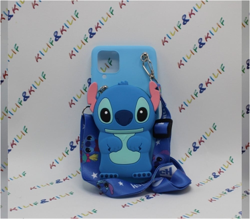 Samsung A12 Sevimli Stitch Desenli Çantalı Silikon  Kılıf 