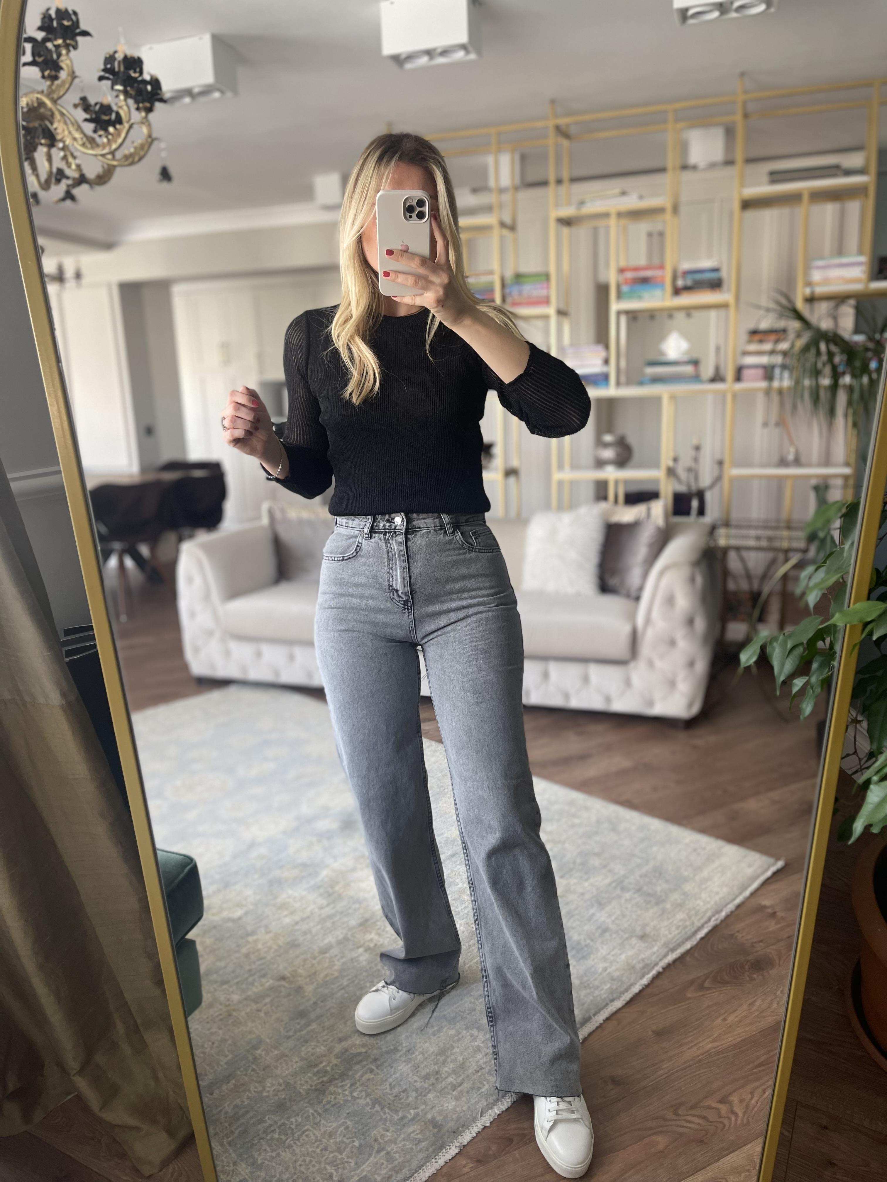 Açık Gri Yüksek Bel Straight Jean