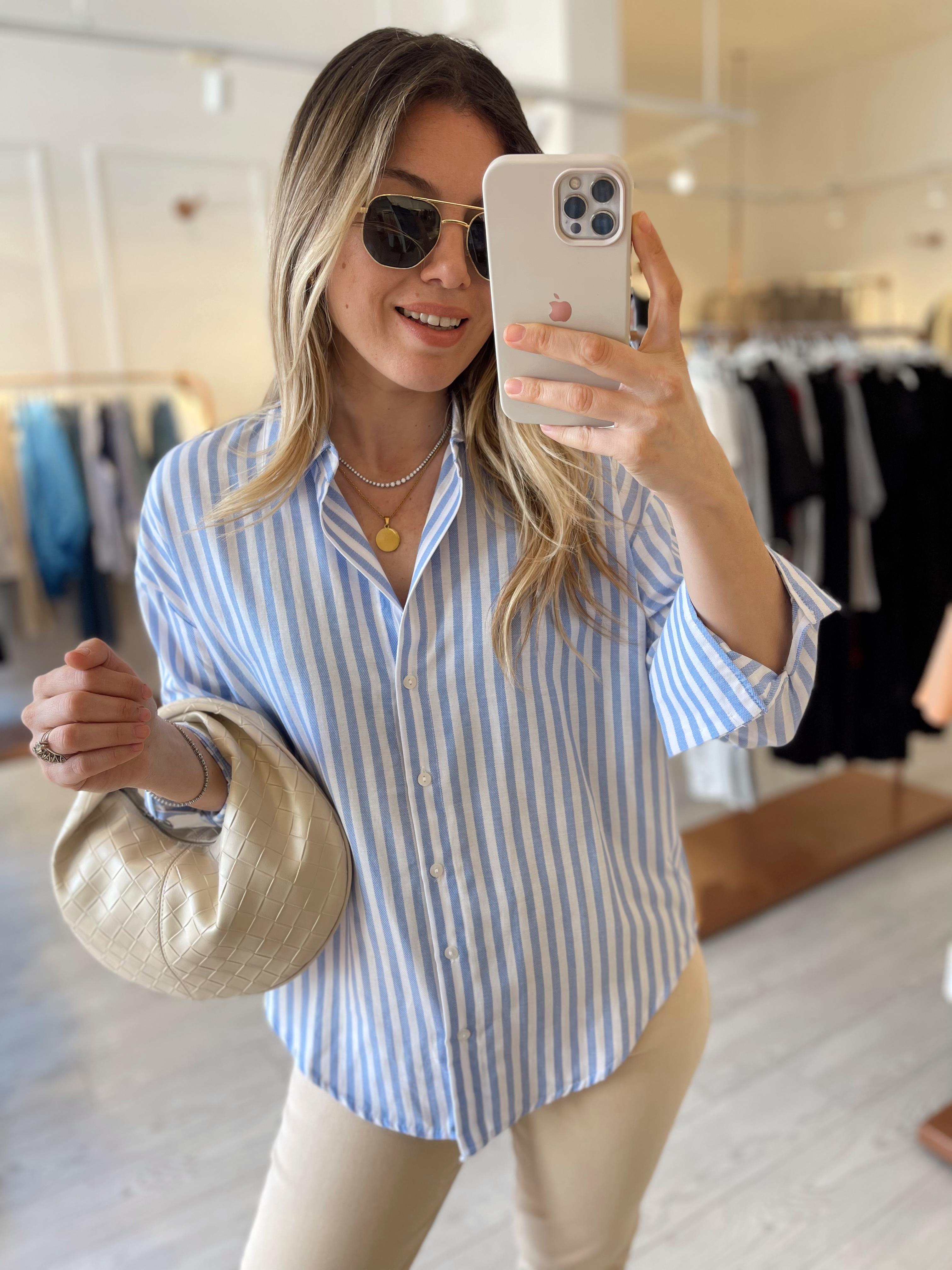 Açık Mavi Çizgili Dokulu Gömlek