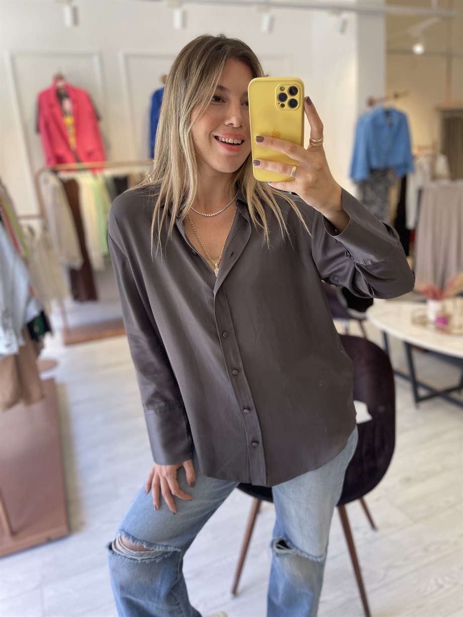 Antrasit Saten Kadın Gömlek