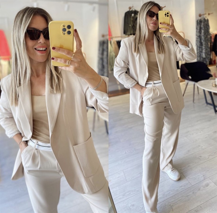 Bej Oversize Tek Düğme Blazer Ceket 
