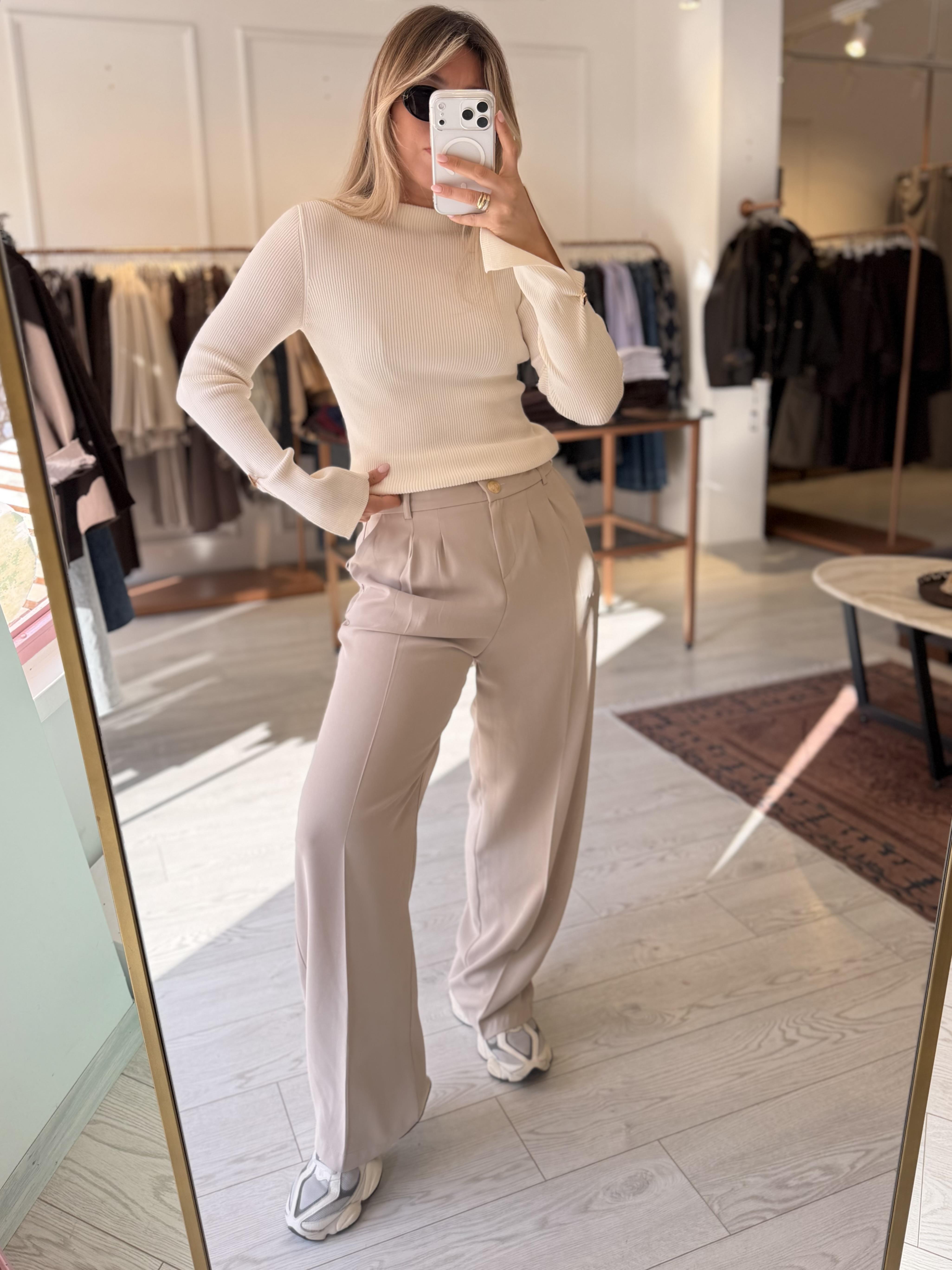 Bej Pileli Palazzo Pantolon Kadın Geniş Kesim Rahat Polyester Pantolon