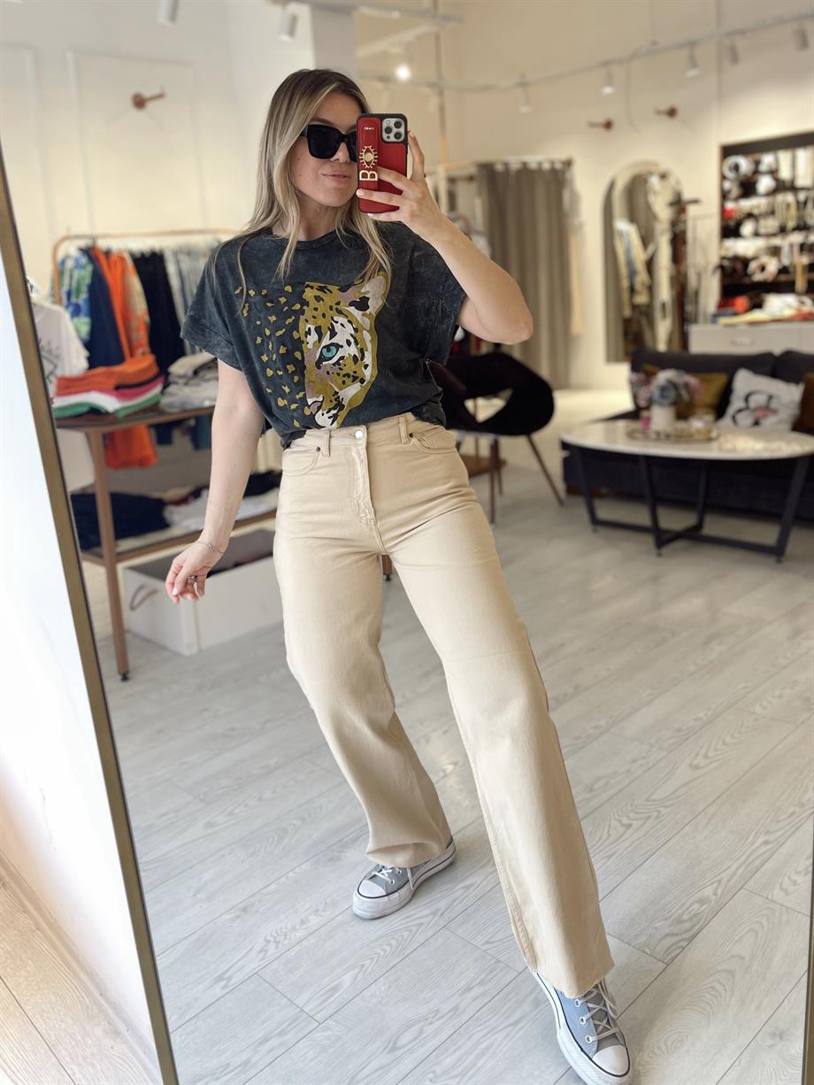 Bej Premium Yüksek Bel Wide Leg Jean