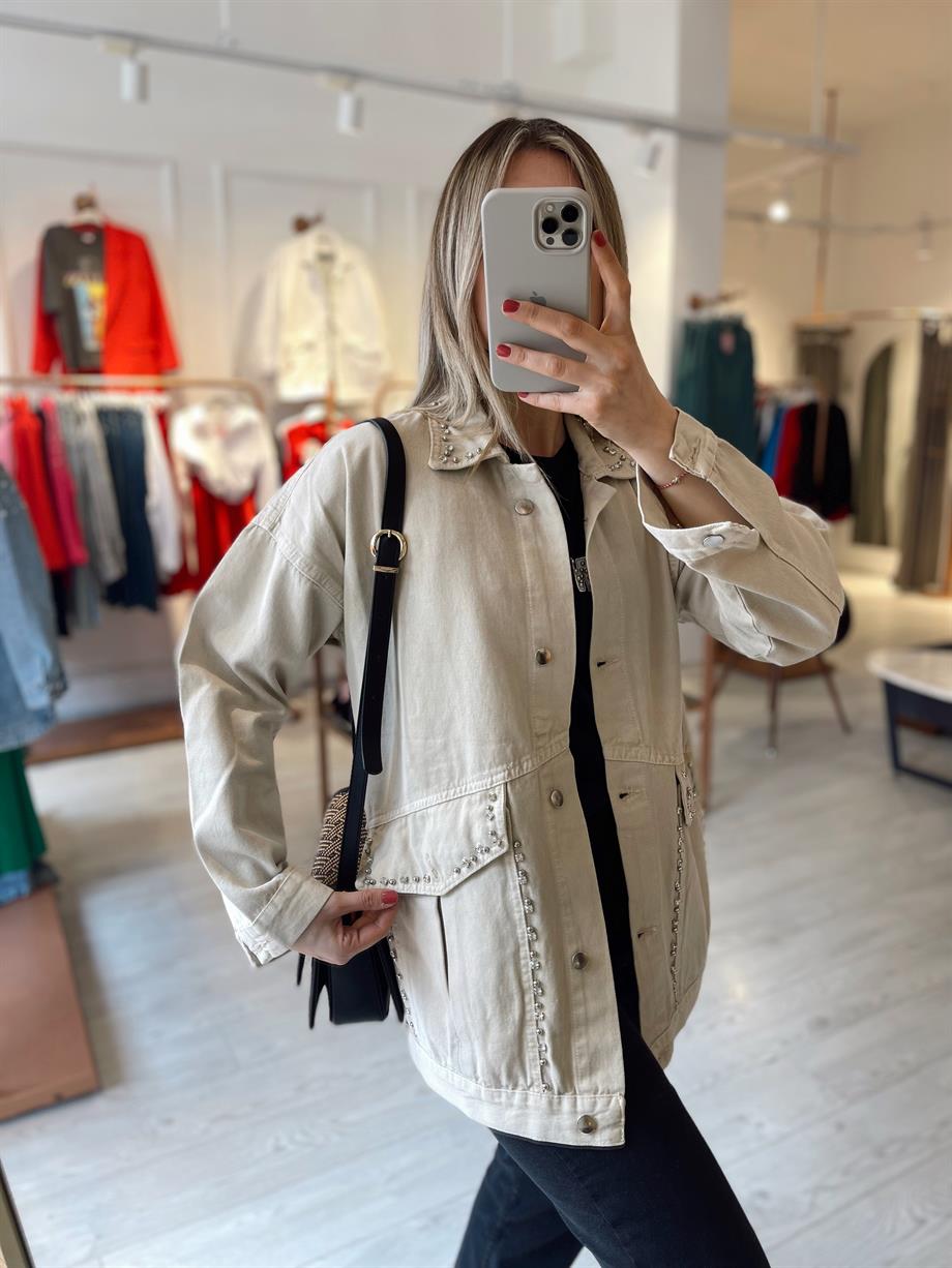 Bej Taş ve Boncuk İşlemeli Denim Ceket