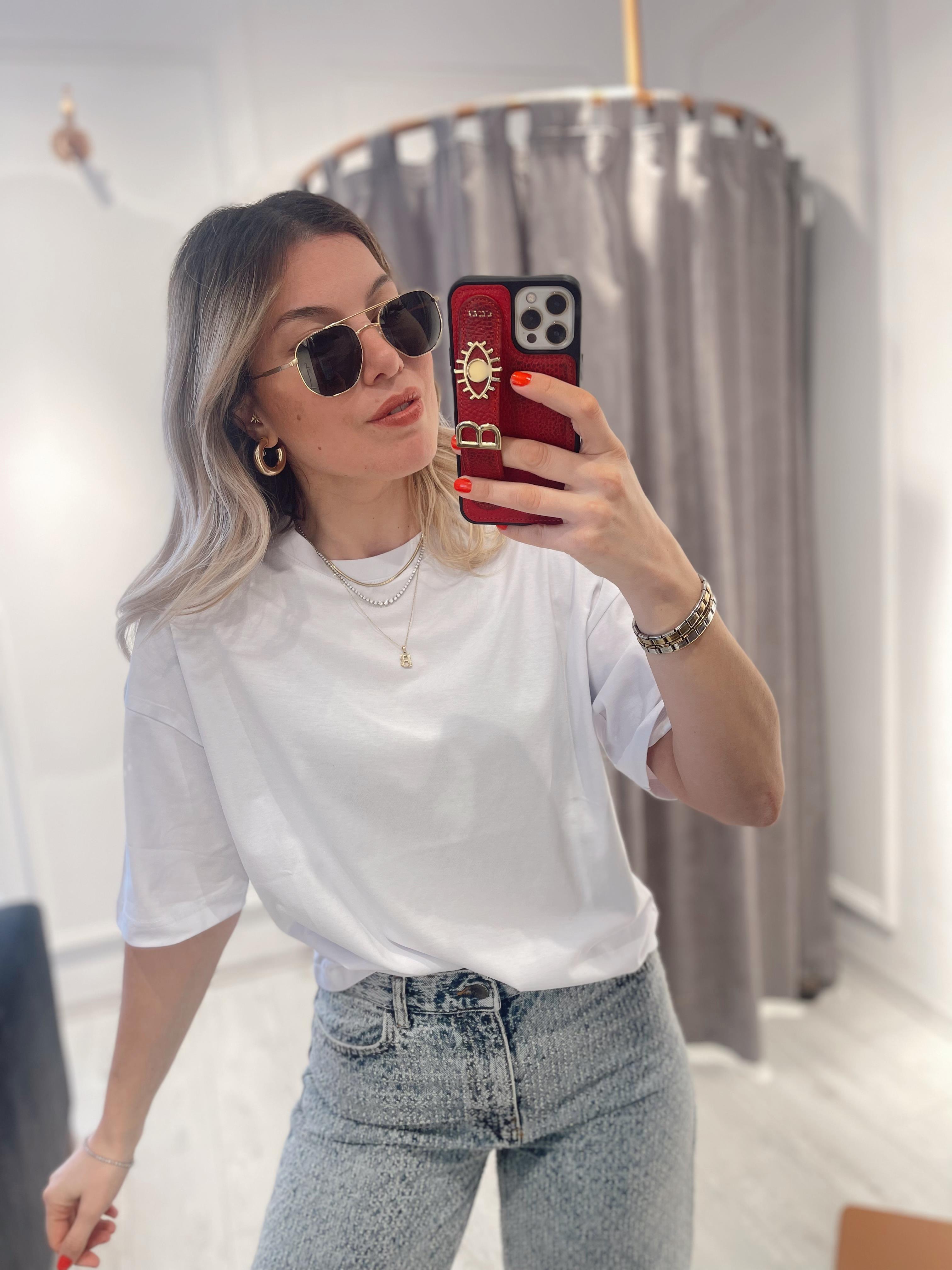 Beyaz Bisiklet Yaka Tshirt