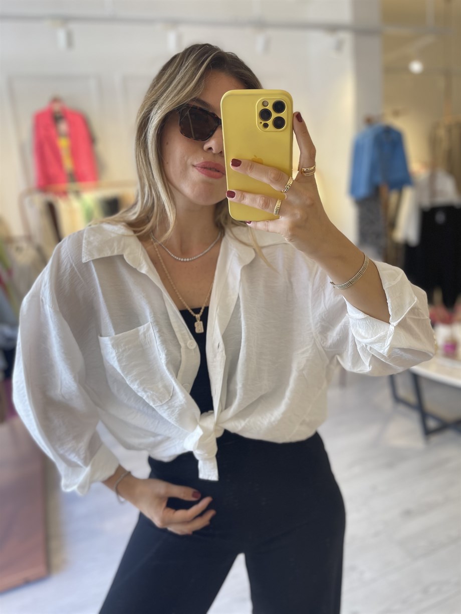 Beyaz Oversize V Yaka Kadın Gömlek