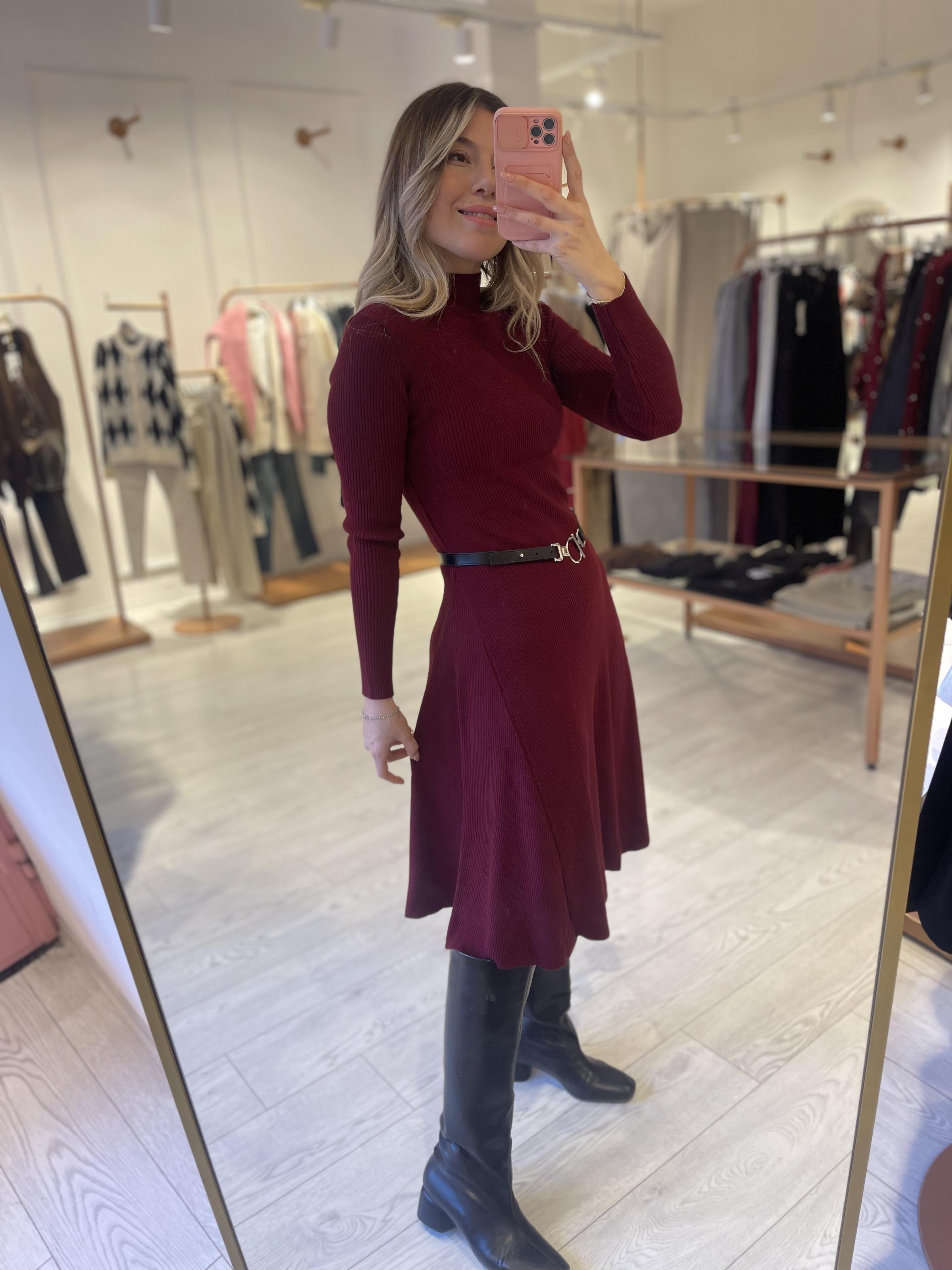 Bordo Balıkçı Yaka Kemerli Midi Triko Elbise