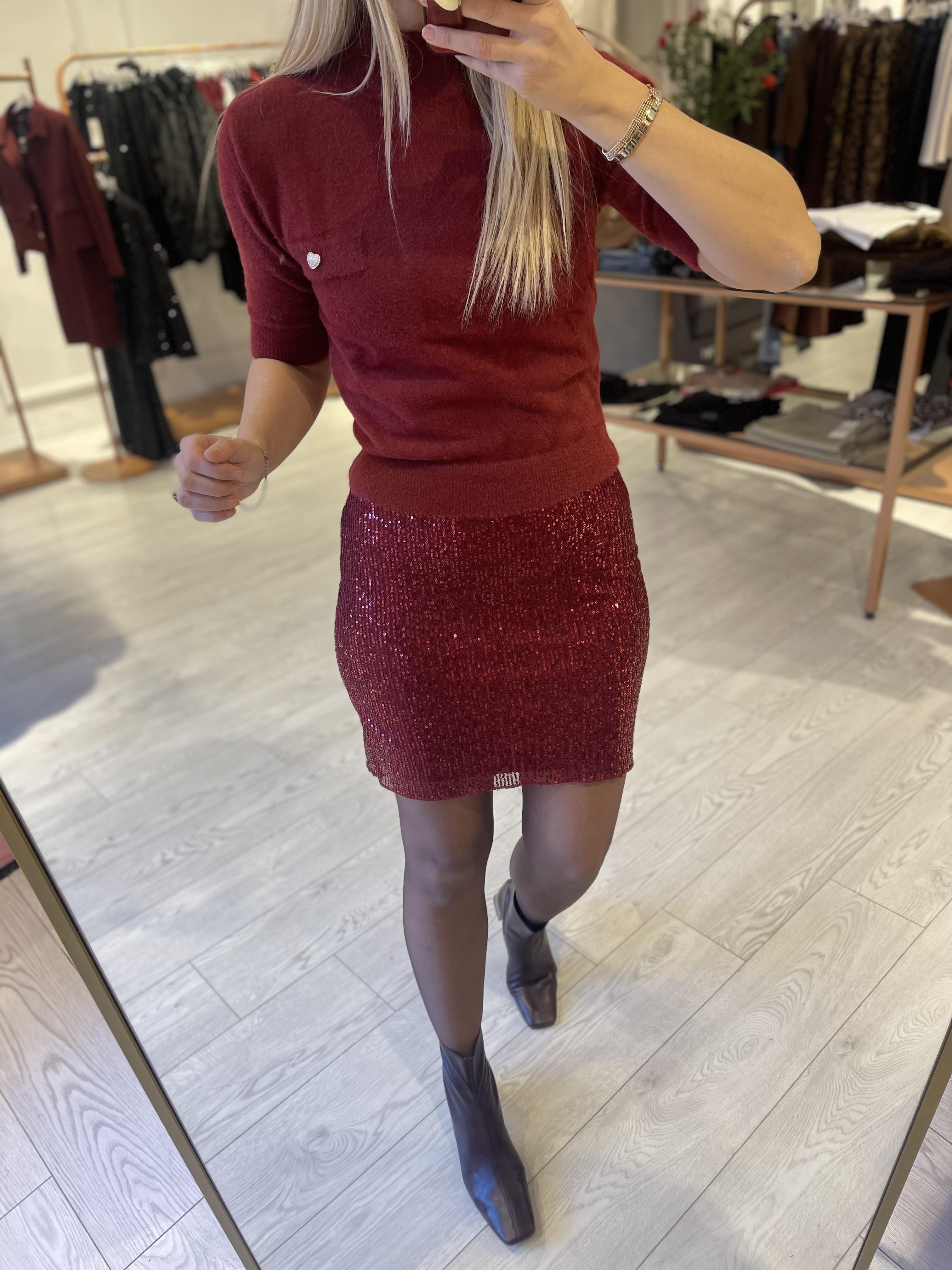 Bordo Payetli Bel Lastikli Mini Etek
