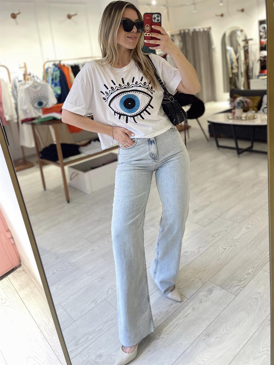Buz Mavi Premium Yüksek Bel Wide Leg Jean