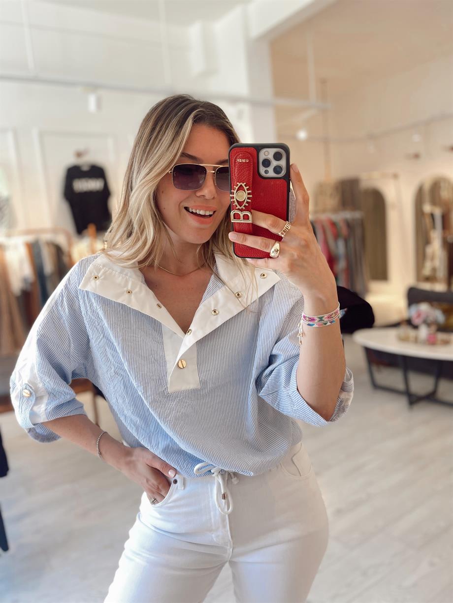 Çizgili Gold Düğme Detaylı Poplin Bluz