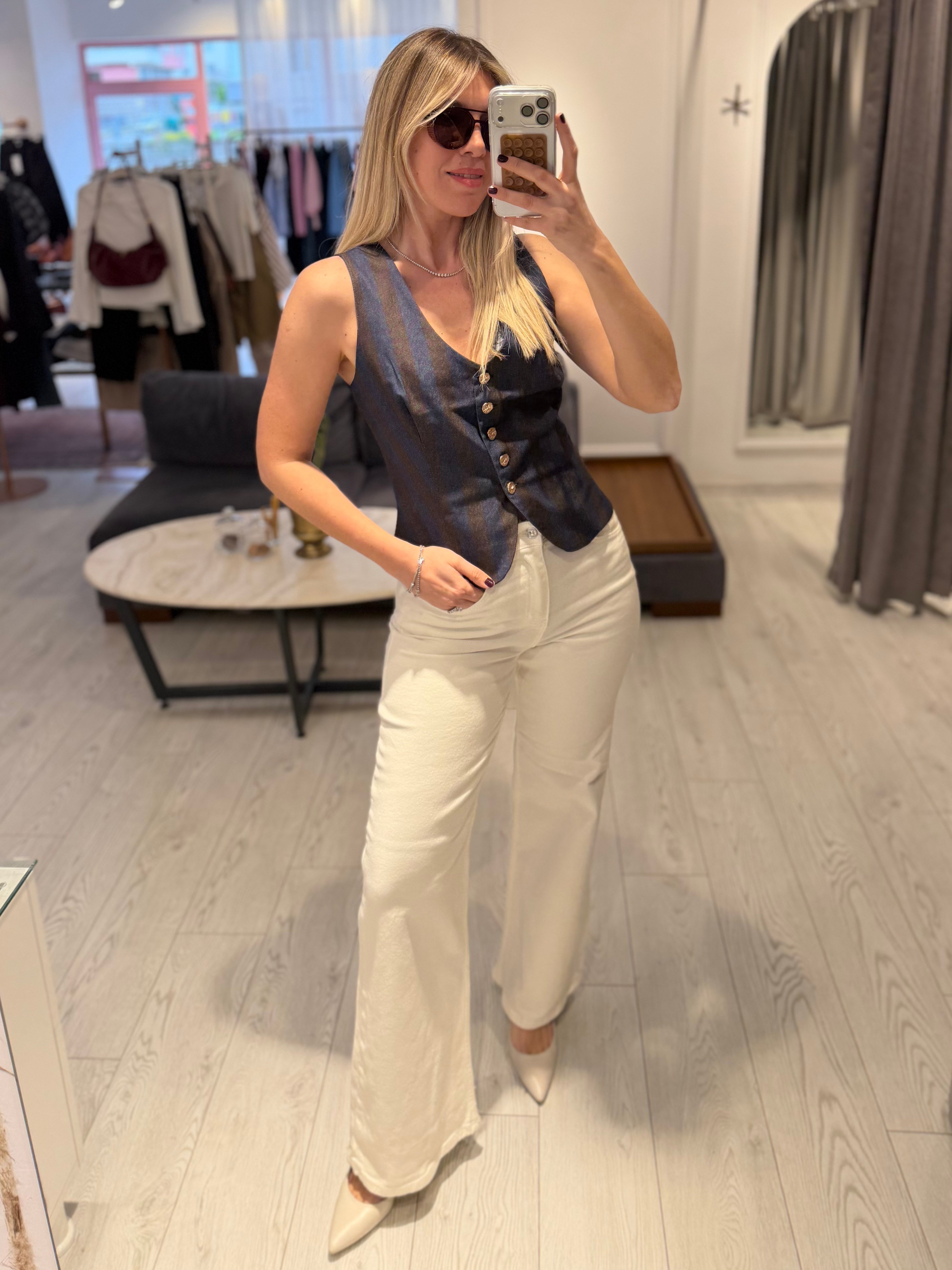 Ekru Likralı Wide Leg Jean