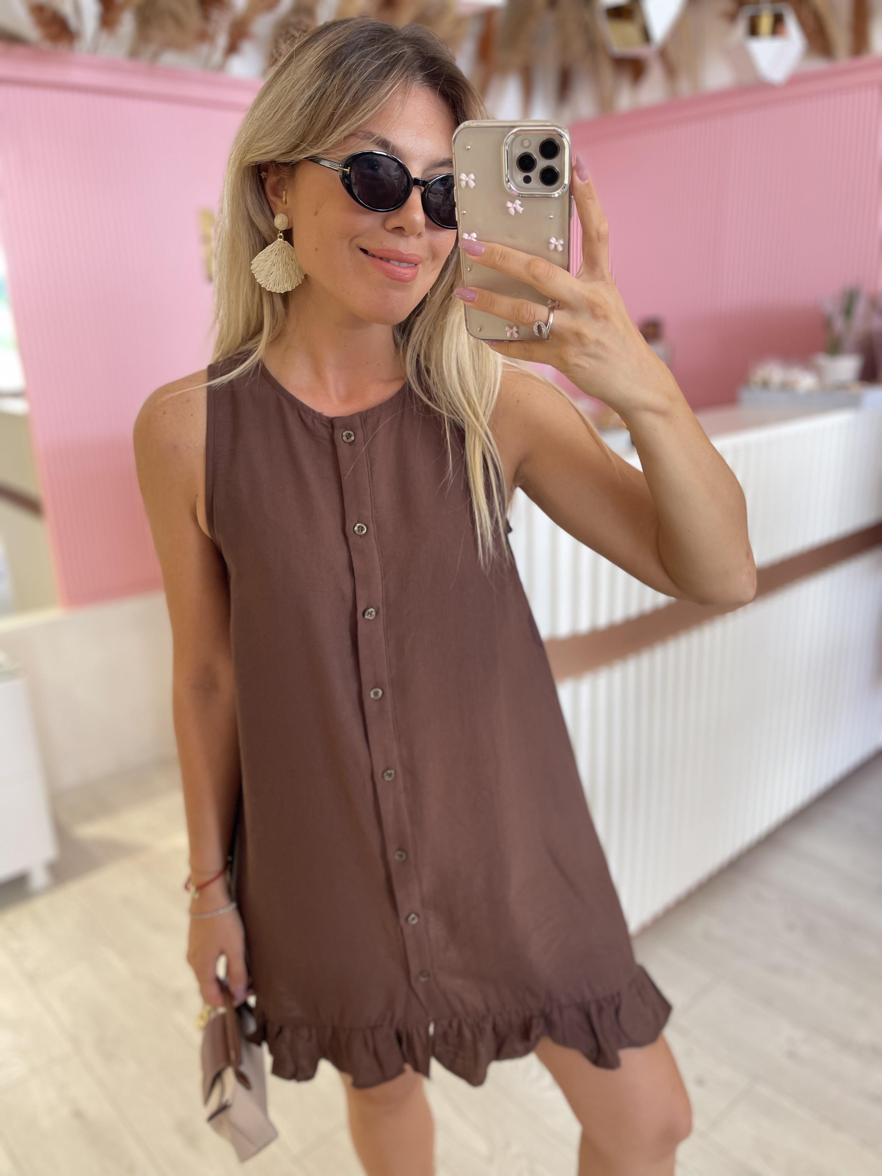 Kahve Etek Ucu Fırfırlı Tensel Mini Elbise