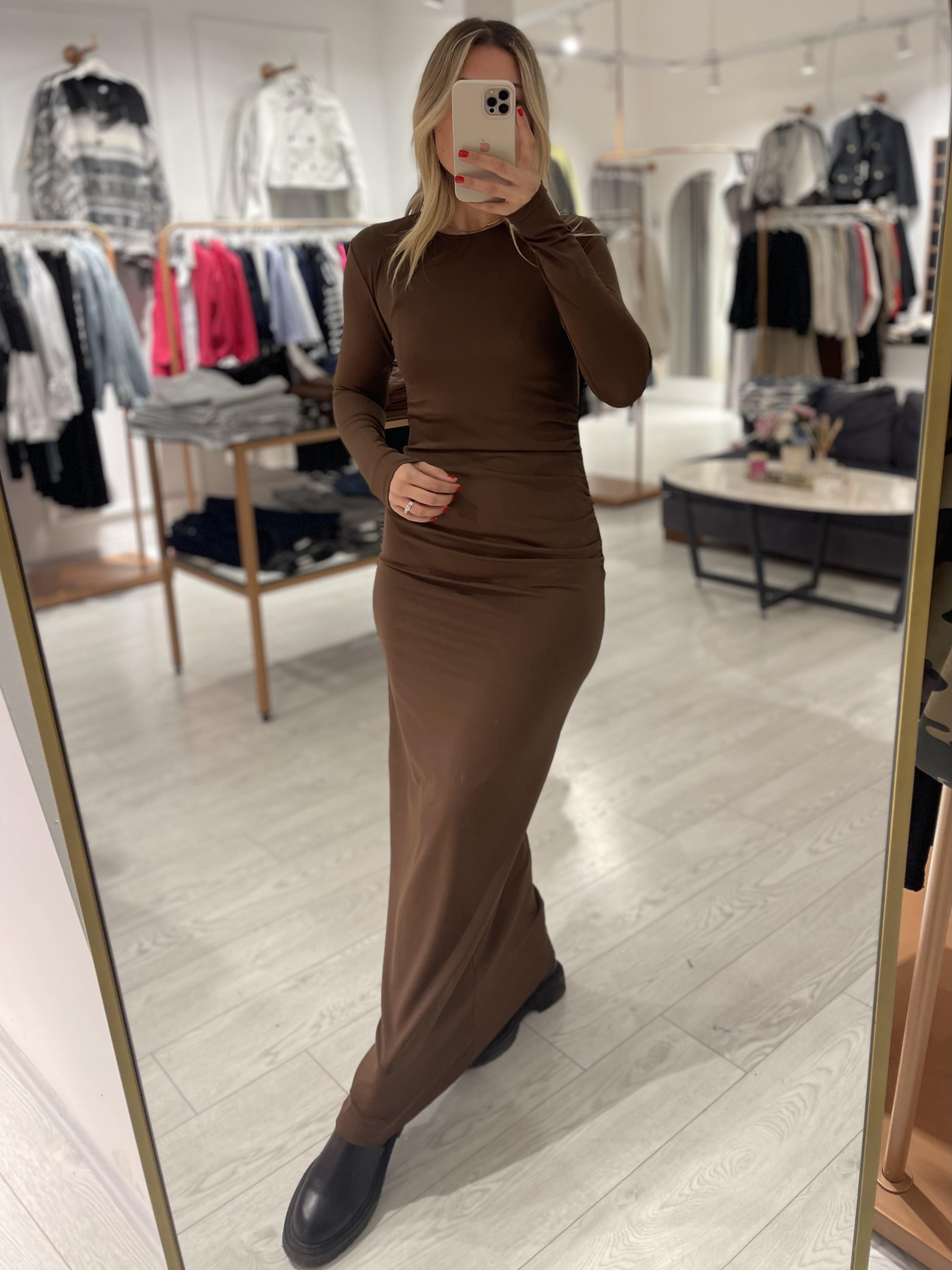 Kahverengi Drape Detaylı Maxi Elbise