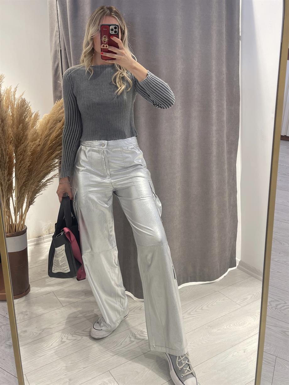 Kargo Cep Parlak Pantolon Gümüş