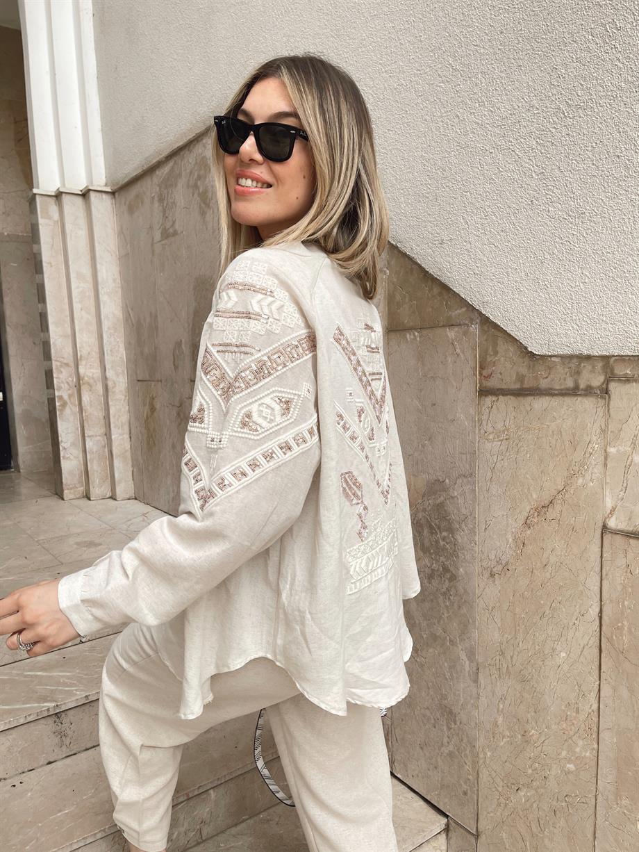 Keten Pul Boncuk İşlemeli Tasarım Kimono